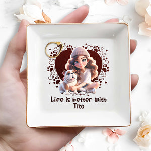 Life Is Better With Your Furry Friend, Girl and Bulldog Design - Personalized Custom Jewelry Dish - PET060_SCRD