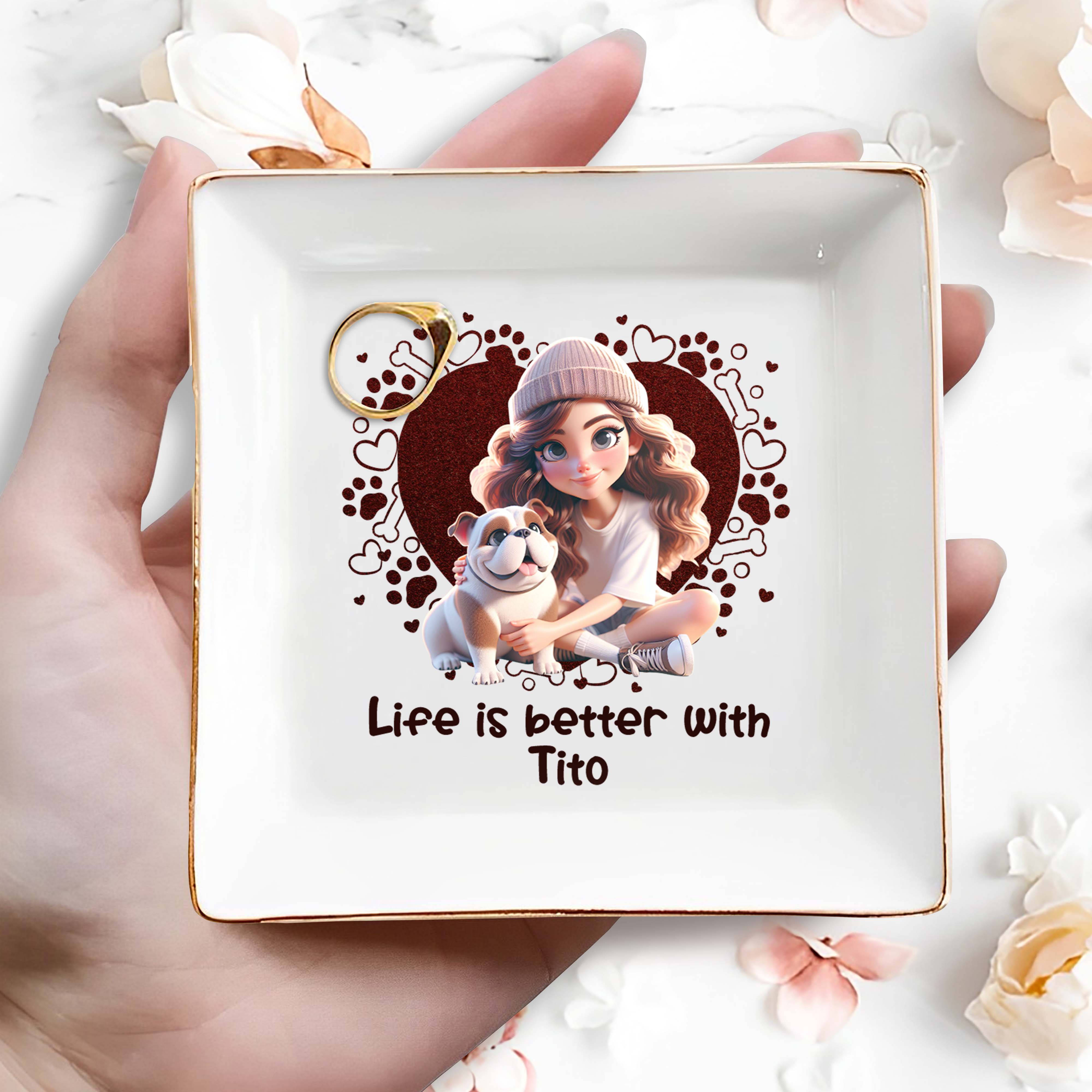 Life Is Better With Your Furry Friend, Girl and Bulldog Design - Personalized Custom Jewelry Dish - PET060_SCRD