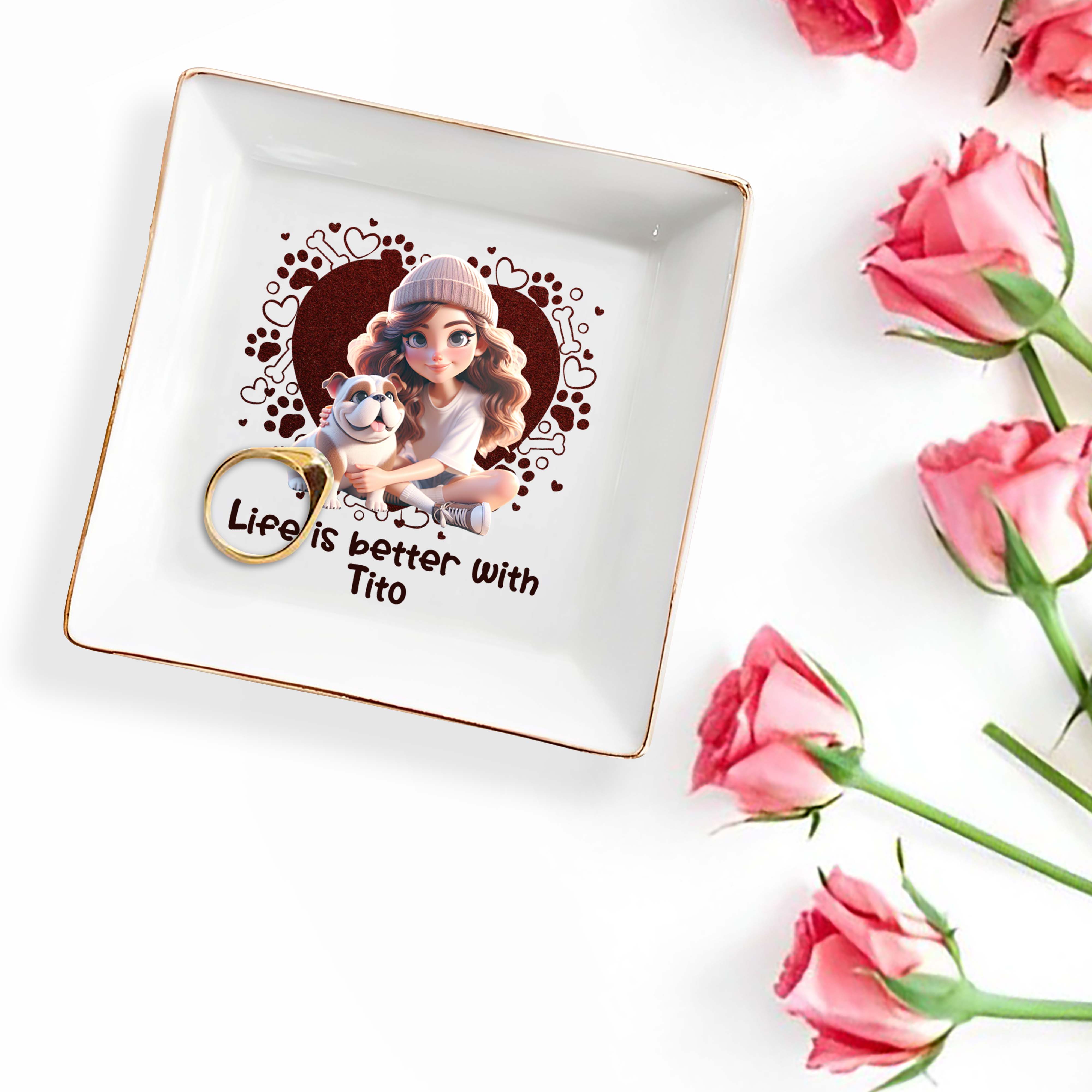 Life Is Better With Your Furry Friend, Girl and Bulldog Design - Personalized Custom Jewelry Dish - PET060_SCRD