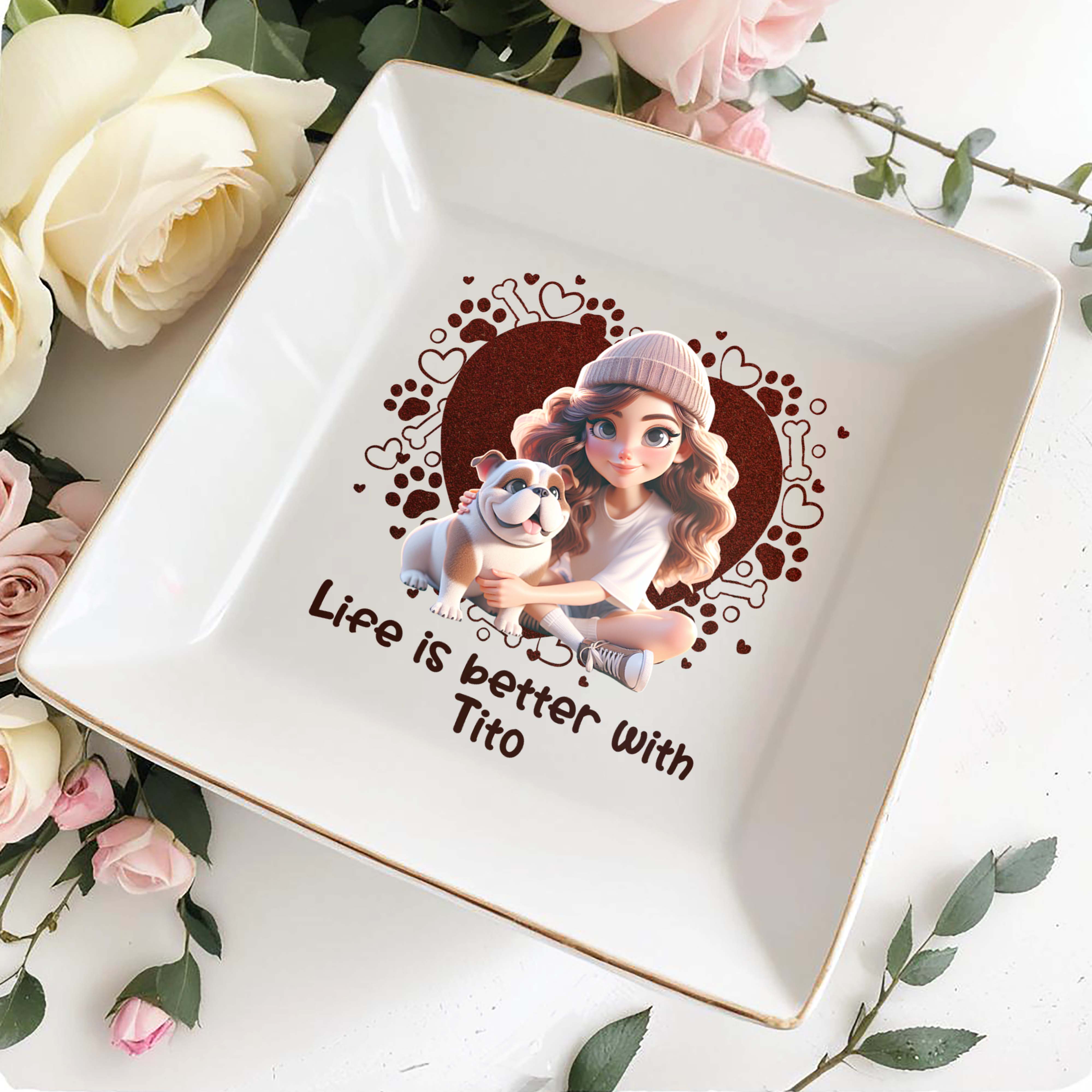 Life Is Better With Your Furry Friend, Girl and Bulldog Design - Personalized Custom Jewelry Dish - PET060_SCRD