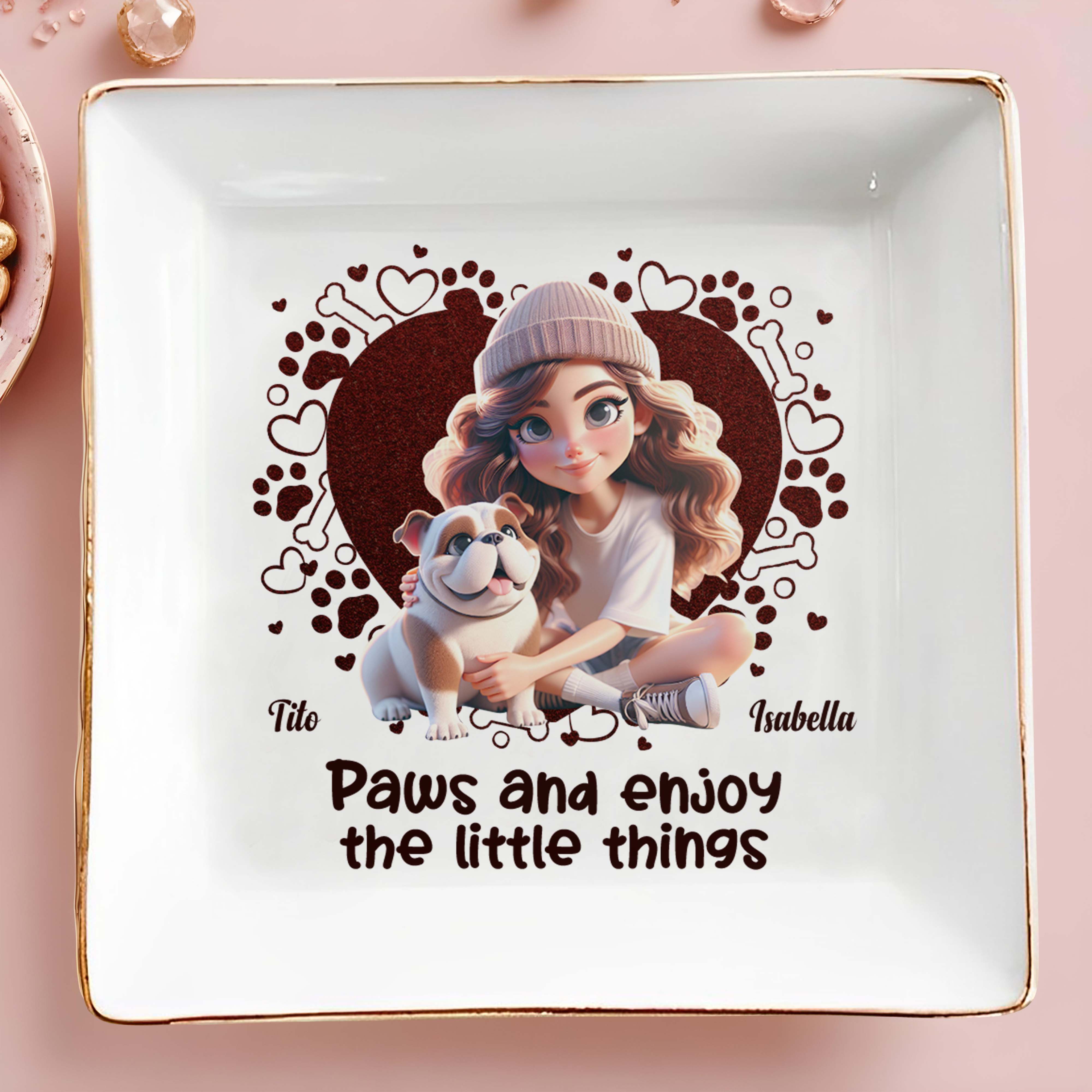 Paws And Enjoy The Little Things With Hearts And Bulldog - Personalized Custom Jewelry Dish - PET063_SCRD