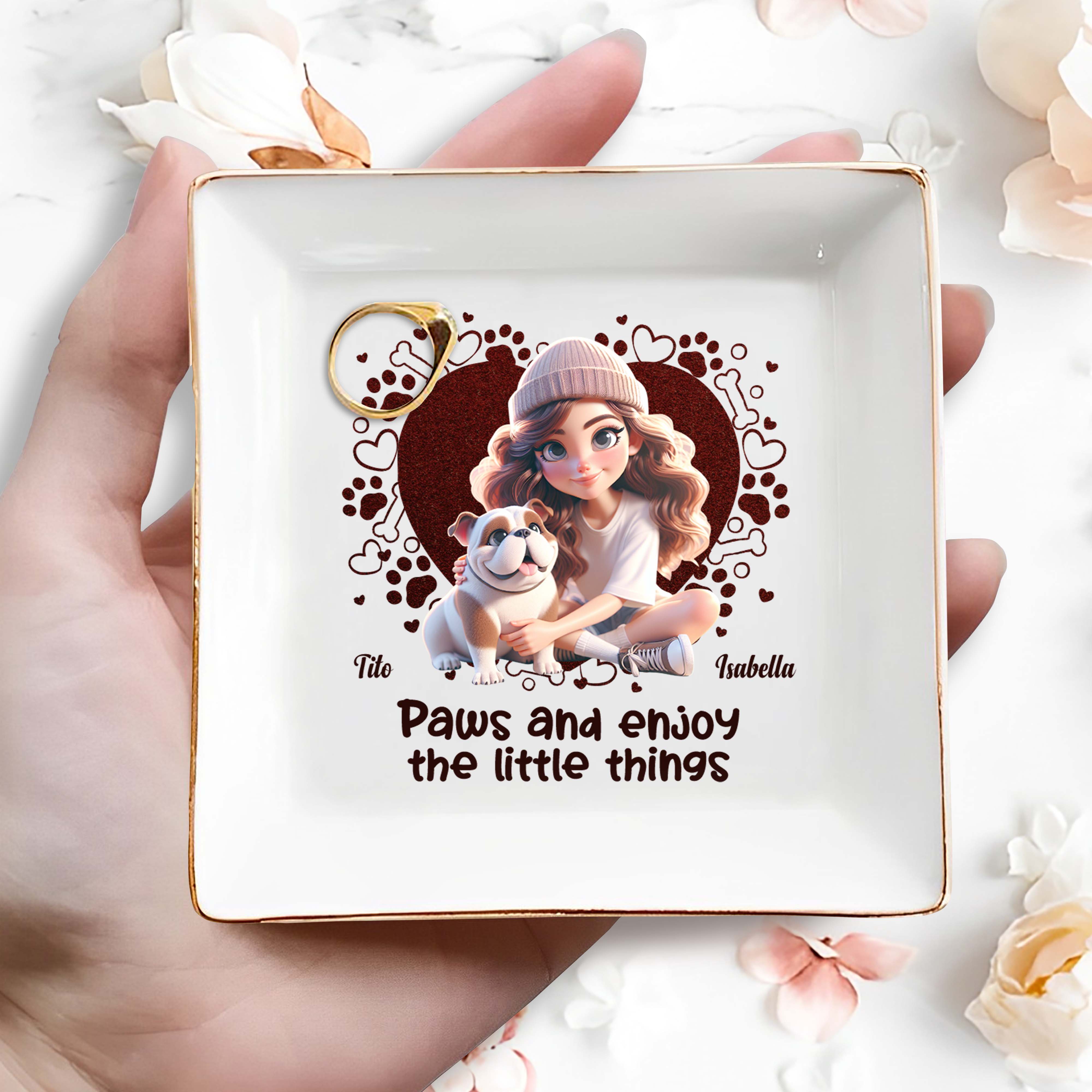 Paws And Enjoy The Little Things With Hearts And Bulldog - Personalized Custom Jewelry Dish - PET063_SCRD
