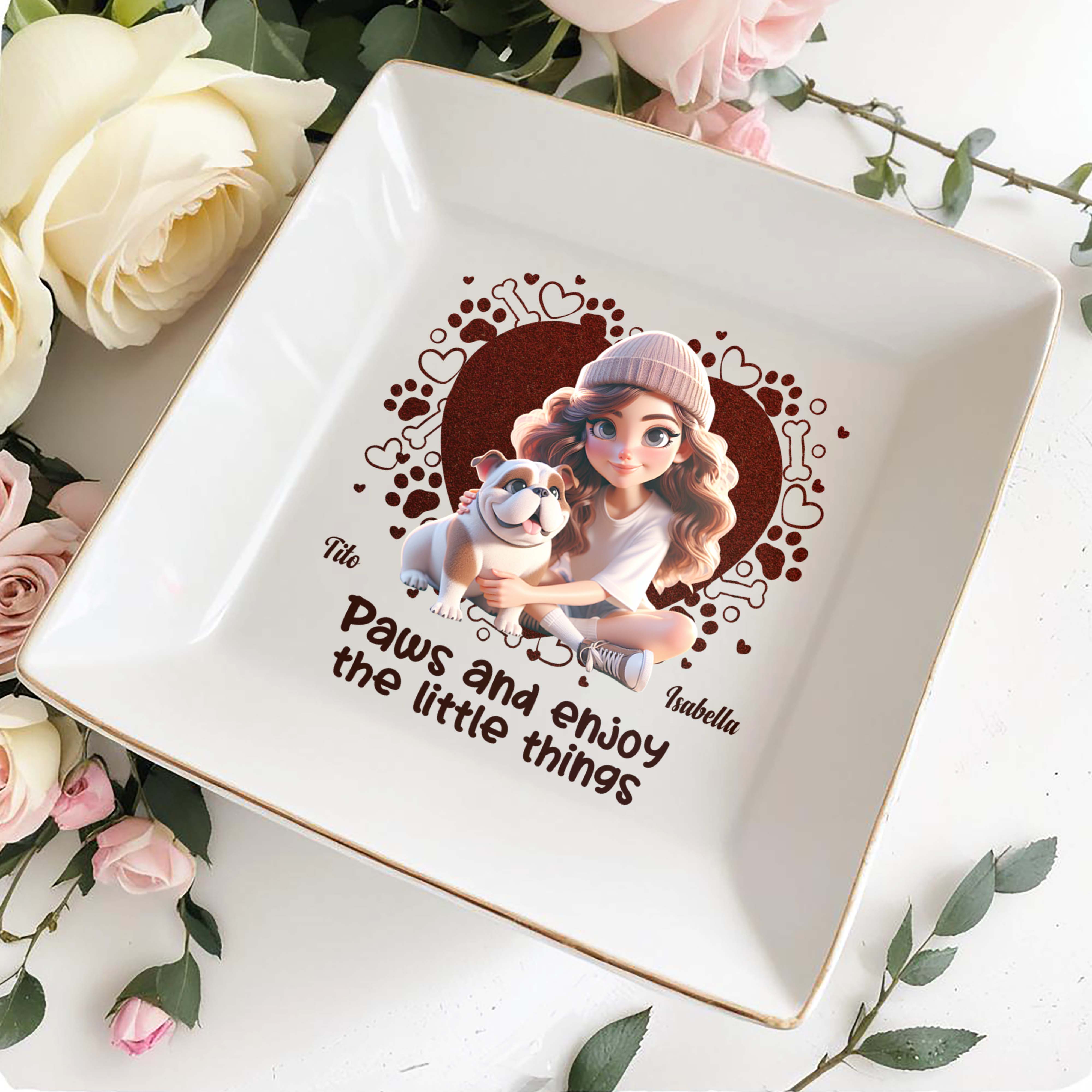 Paws And Enjoy The Little Things With Hearts And Bulldog - Personalized Custom Jewelry Dish - PET063_SCRD
