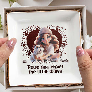Paws And Enjoy The Little Things With Hearts And Bulldog - Personalized Custom Jewelry Dish - PET063_SCRD