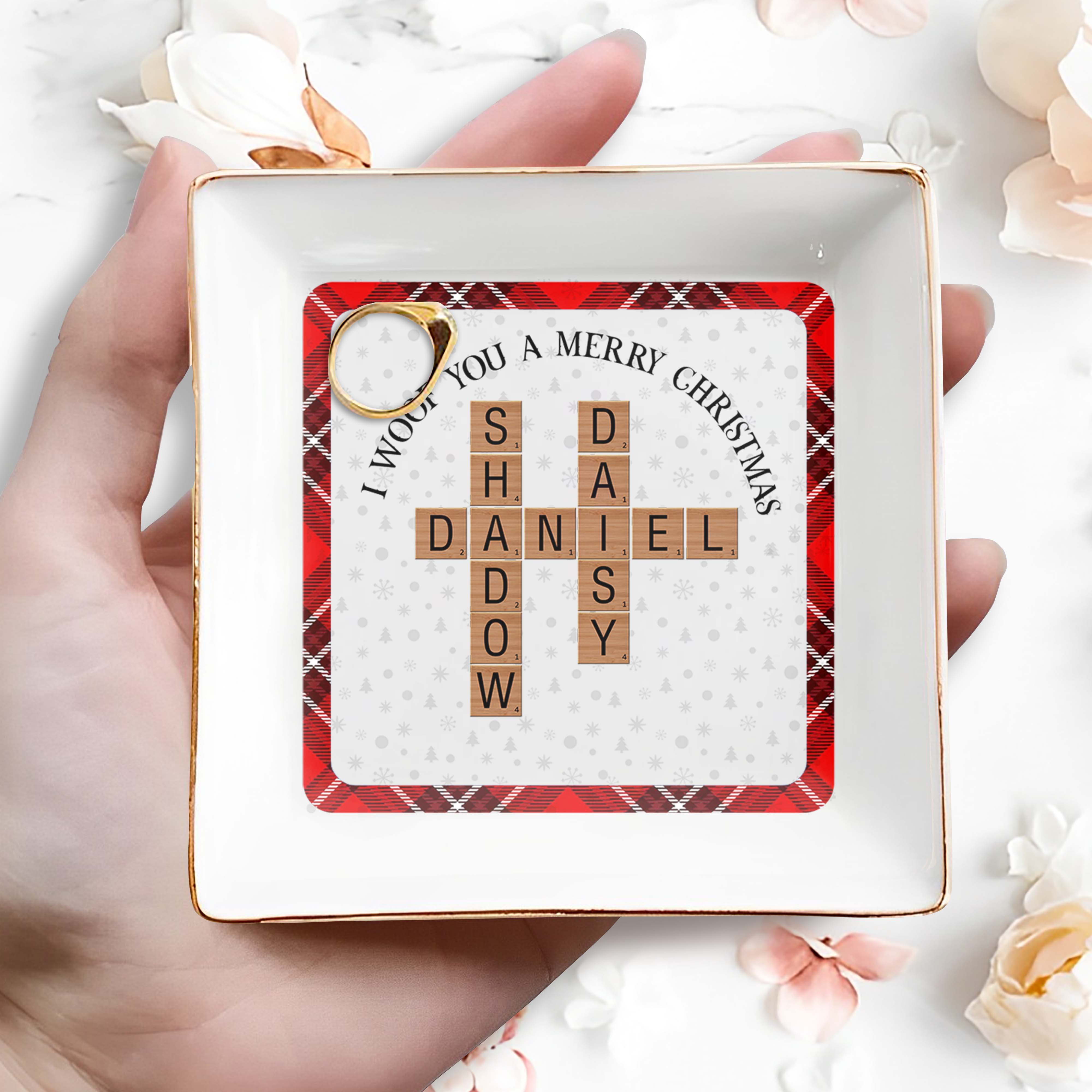 I Woof You A Merry Christmas With Festive Pet Name Tiles - Personalized Custom Jewelry Dish - PET072_SCRD