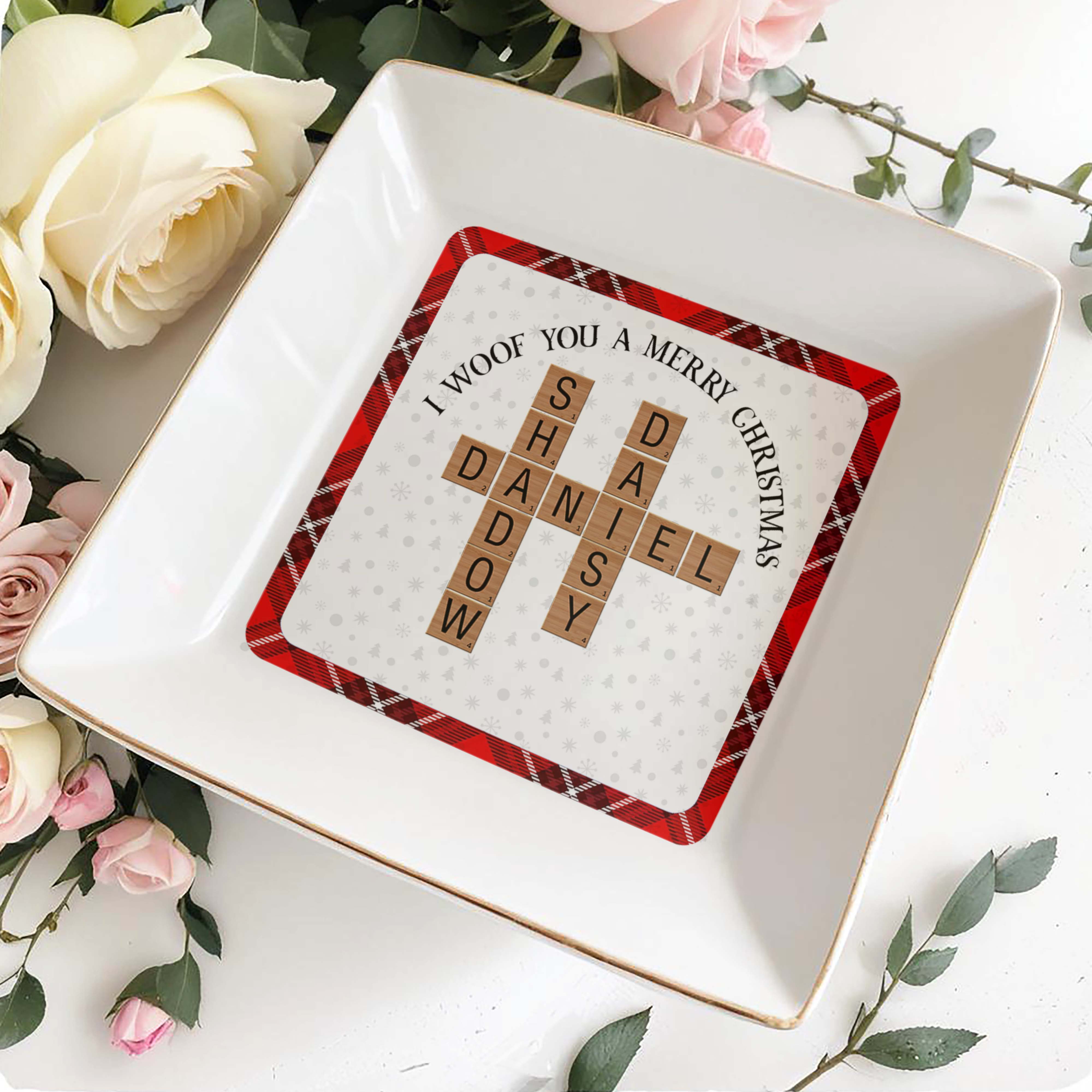 I Woof You A Merry Christmas With Festive Pet Name Tiles - Personalized Custom Jewelry Dish - PET072_SCRD