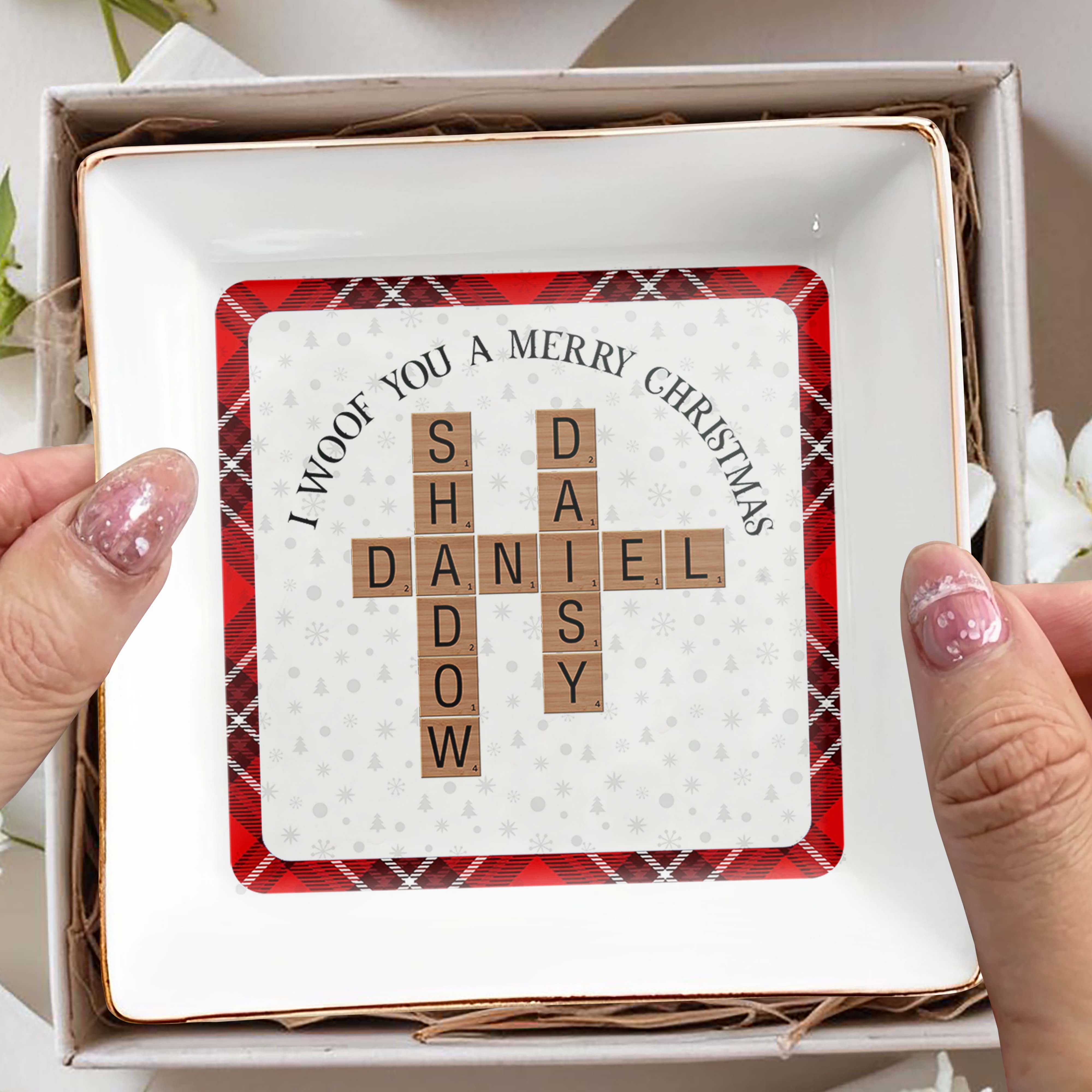 I Woof You A Merry Christmas With Festive Pet Name Tiles - Personalized Custom Jewelry Dish - PET072_SCRD
