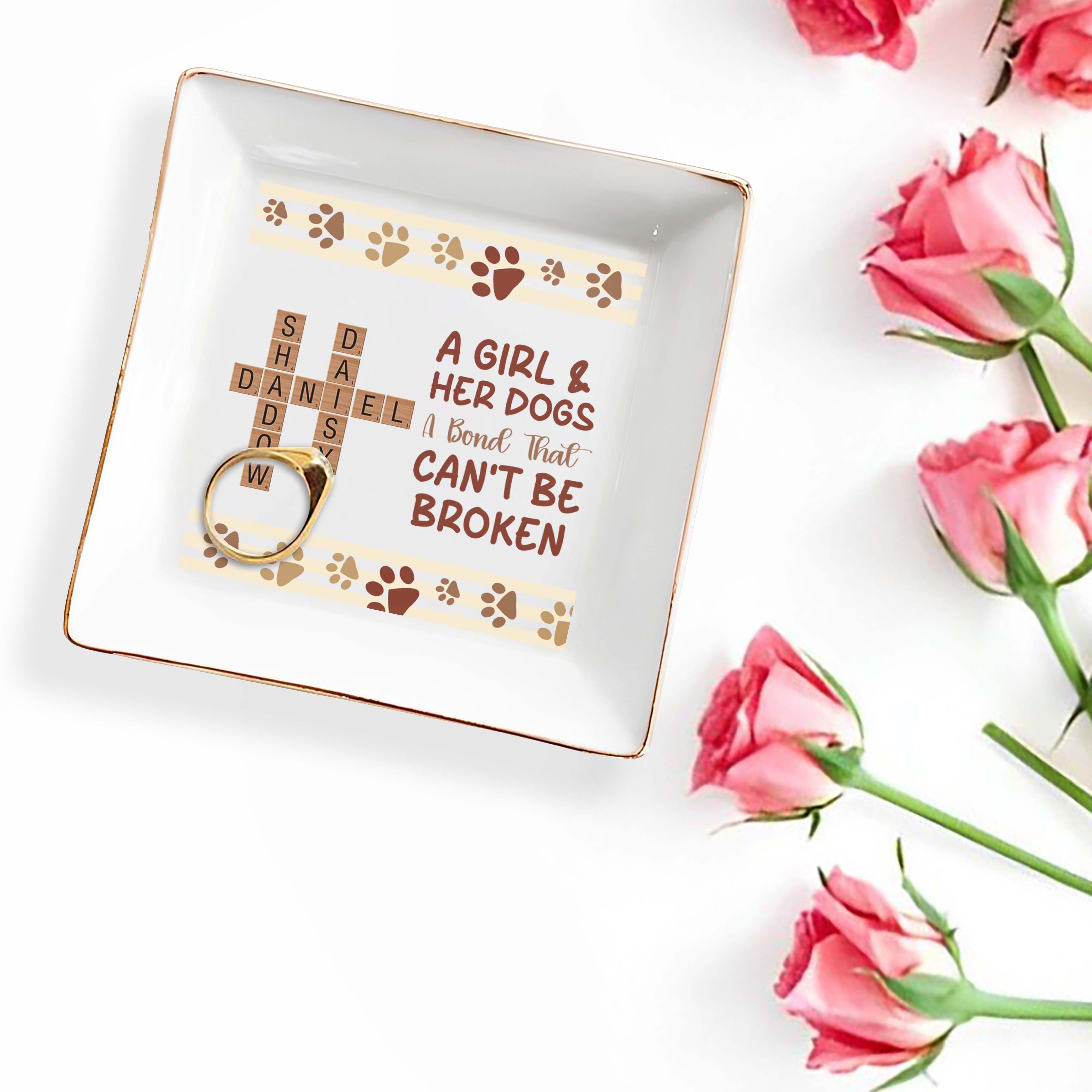 A Girl And Her Dogs, A Bond That Can't Be Broken - Personalized Custom Jewelry Dish - PET073_SCRD