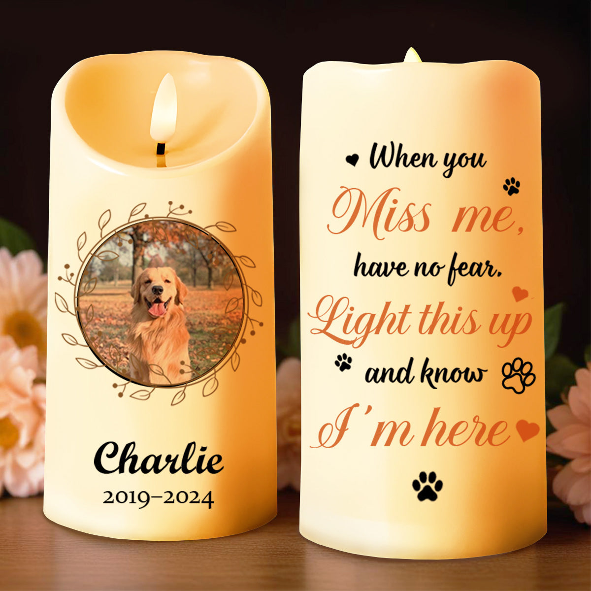 Miss Me Light Up Candle With Dog Photo And Paw Prints - Personalized Custom LED Candle - PET076_LECA