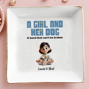 A Girl and Her Dog, Bond That Can't Be Broken Dish - Personalized Custom Jewelry Dish, Square Ceramic Dish - PET100_SCRD