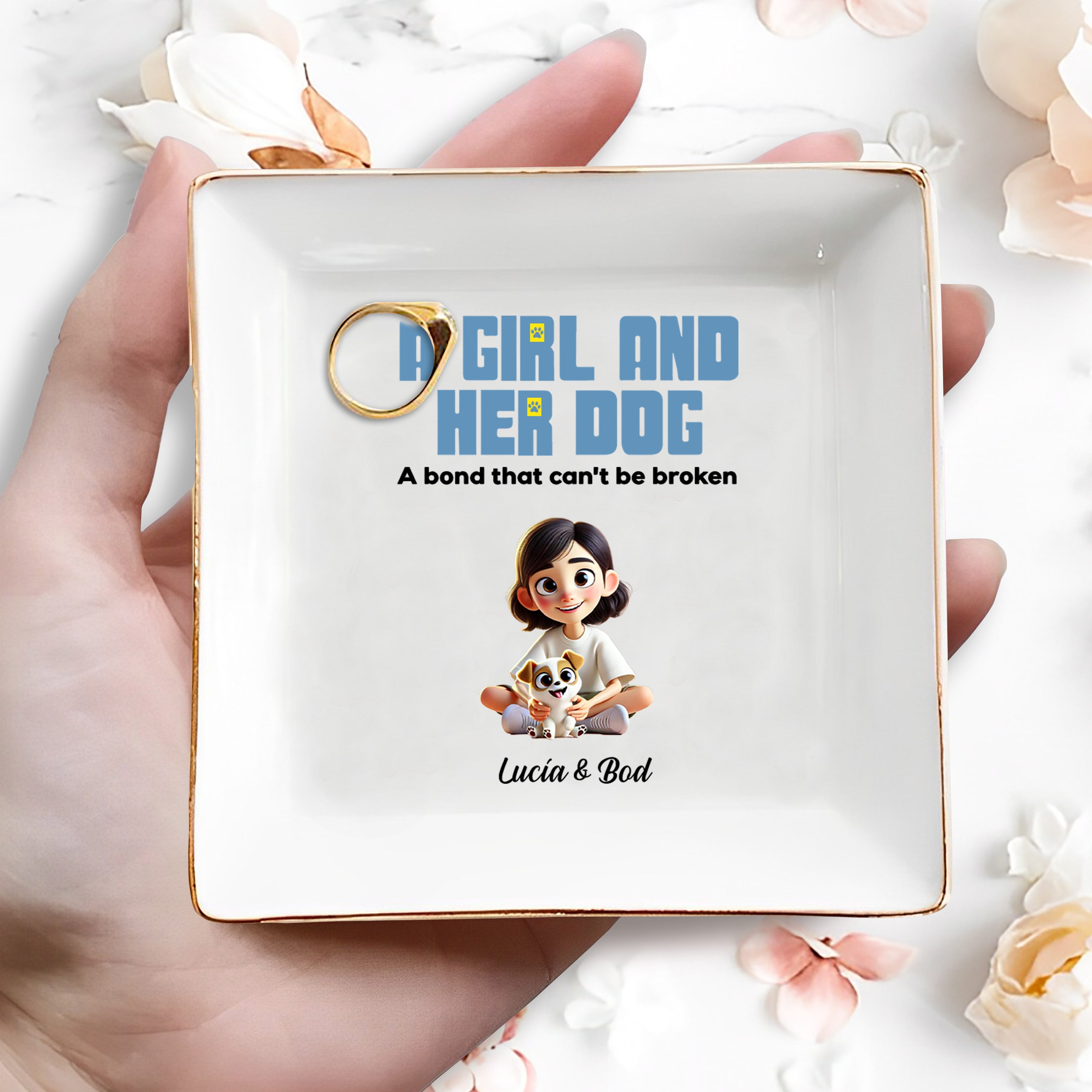 A Girl and Her Dog, Bond That Can't Be Broken Dish - Personalized Custom Jewelry Dish, Square Ceramic Dish - PET100_SCRD