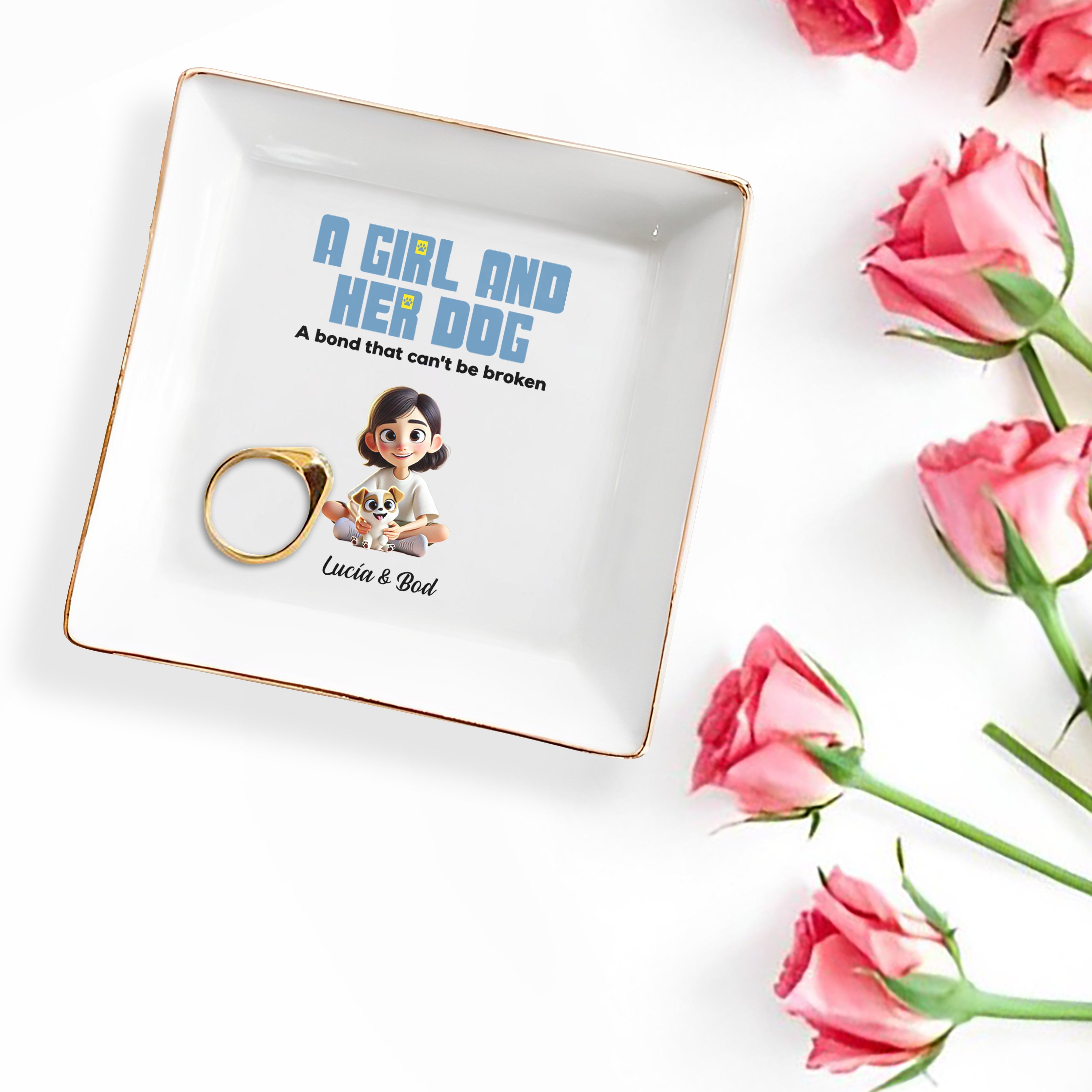 A Girl and Her Dog, Bond That Can't Be Broken Dish - Personalized Custom Jewelry Dish, Square Ceramic Dish - PET100_SCRD