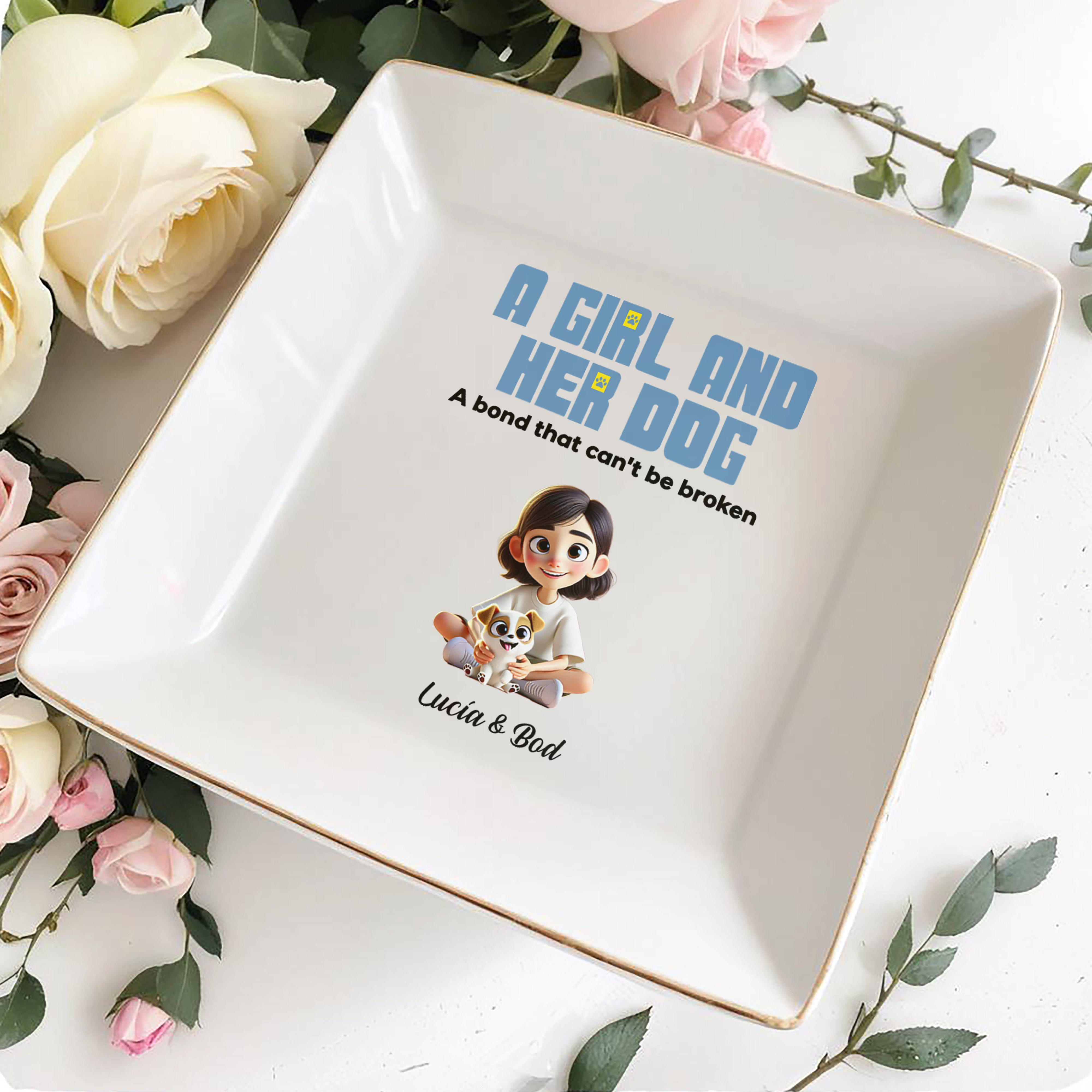 A Girl and Her Dog, Bond That Can't Be Broken Dish - Personalized Custom Jewelry Dish, Square Ceramic Dish - PET100_SCRD