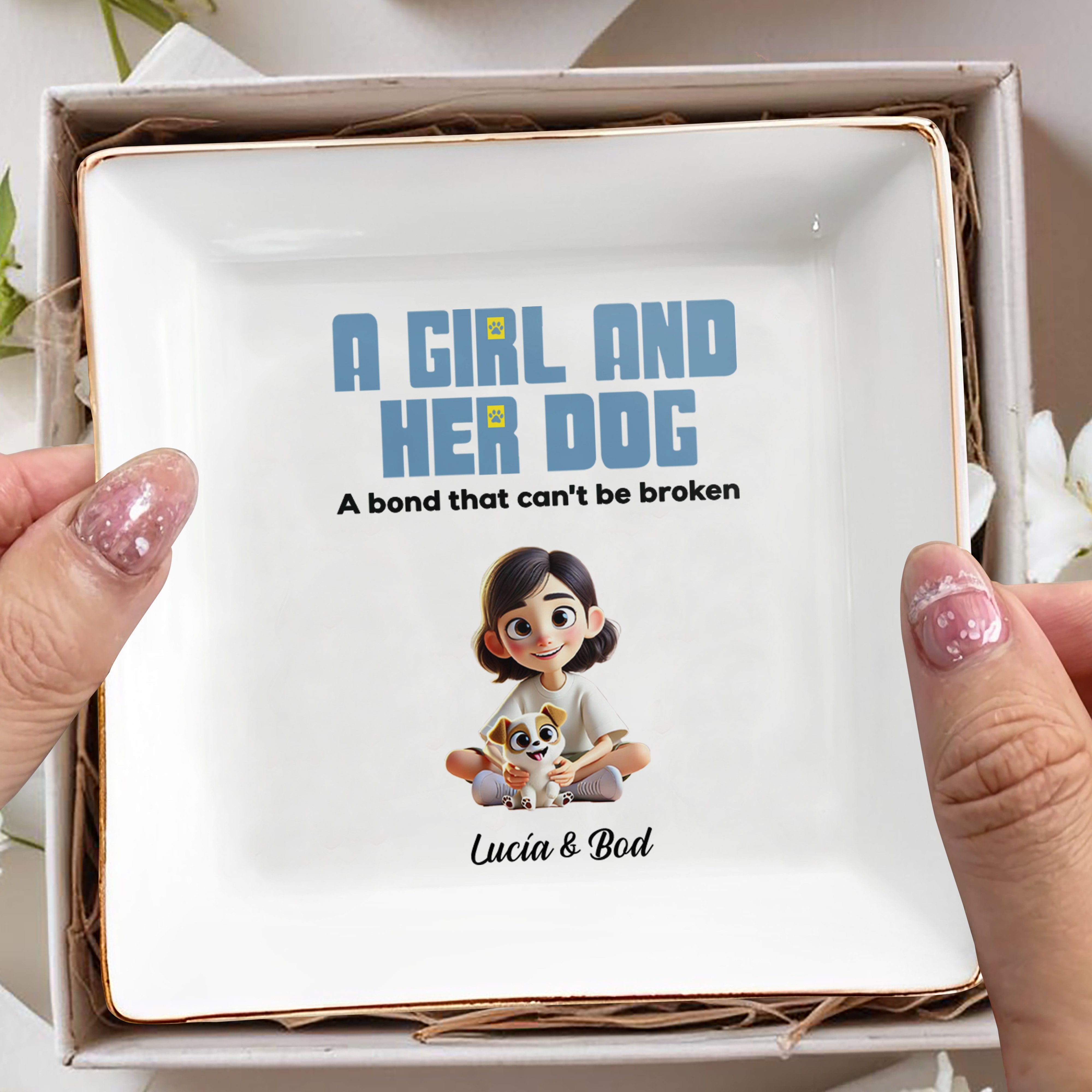 A Girl and Her Dog, Bond That Can't Be Broken Dish - Personalized Custom Jewelry Dish, Square Ceramic Dish - PET100_SCRD