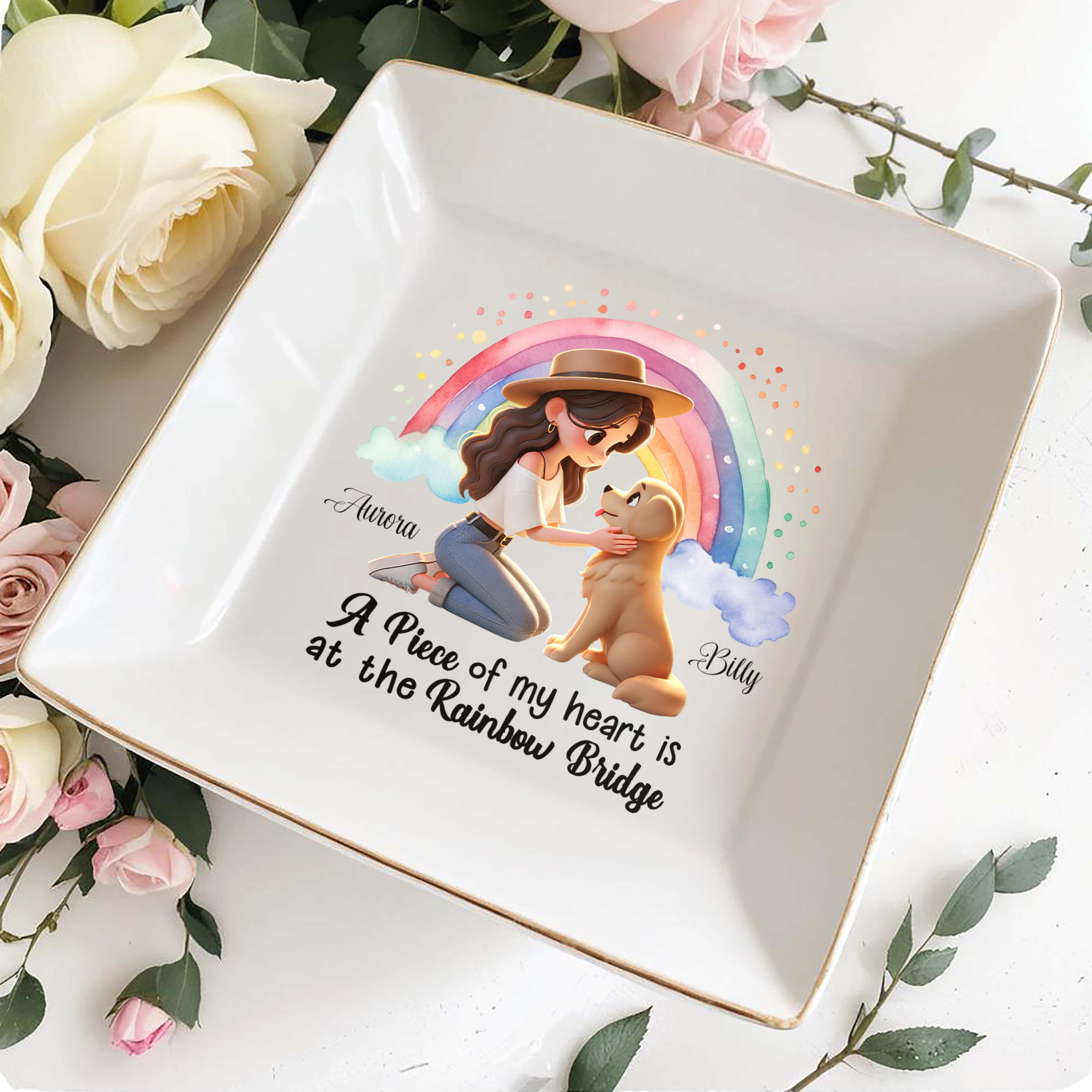 Rainbow Bridge Heartfelt Memorial For Beloved Pet - Personalized Custom Jewelry Dish - PME012_SCRD