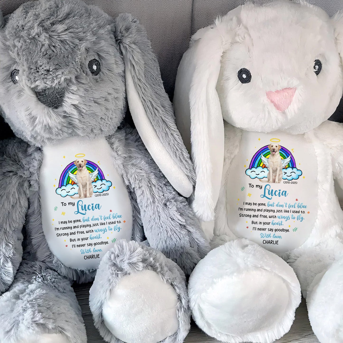 To My Lucia, I may be gone, but don't feel blue, Rainbow and Angel Dog - Personalized Stuffed Bunny - PME031_BUN
