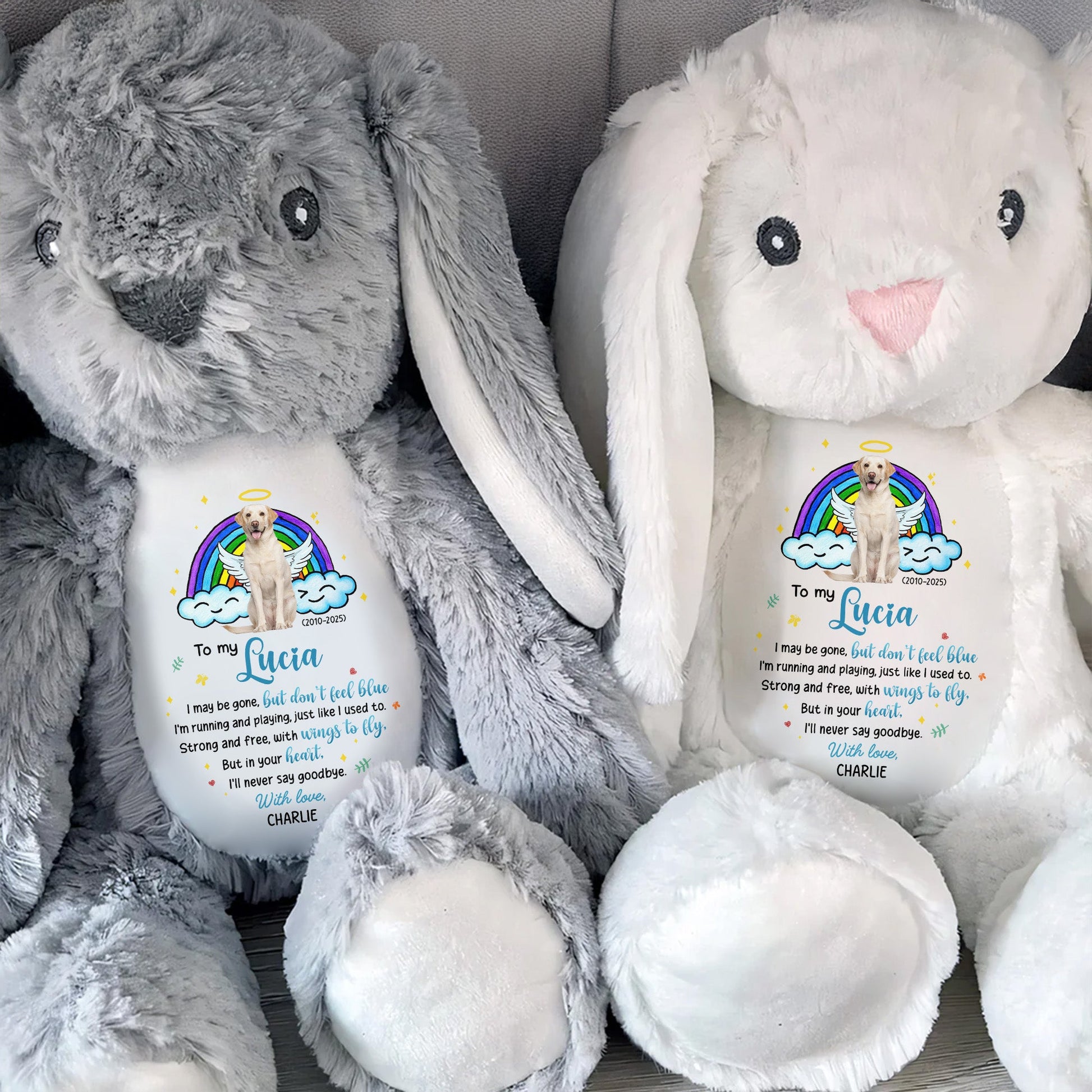To My Lucia, I may be gone, but don't feel blue, Rainbow and Angel Dog - Personalized Stuffed Bunny - PME031_BUN