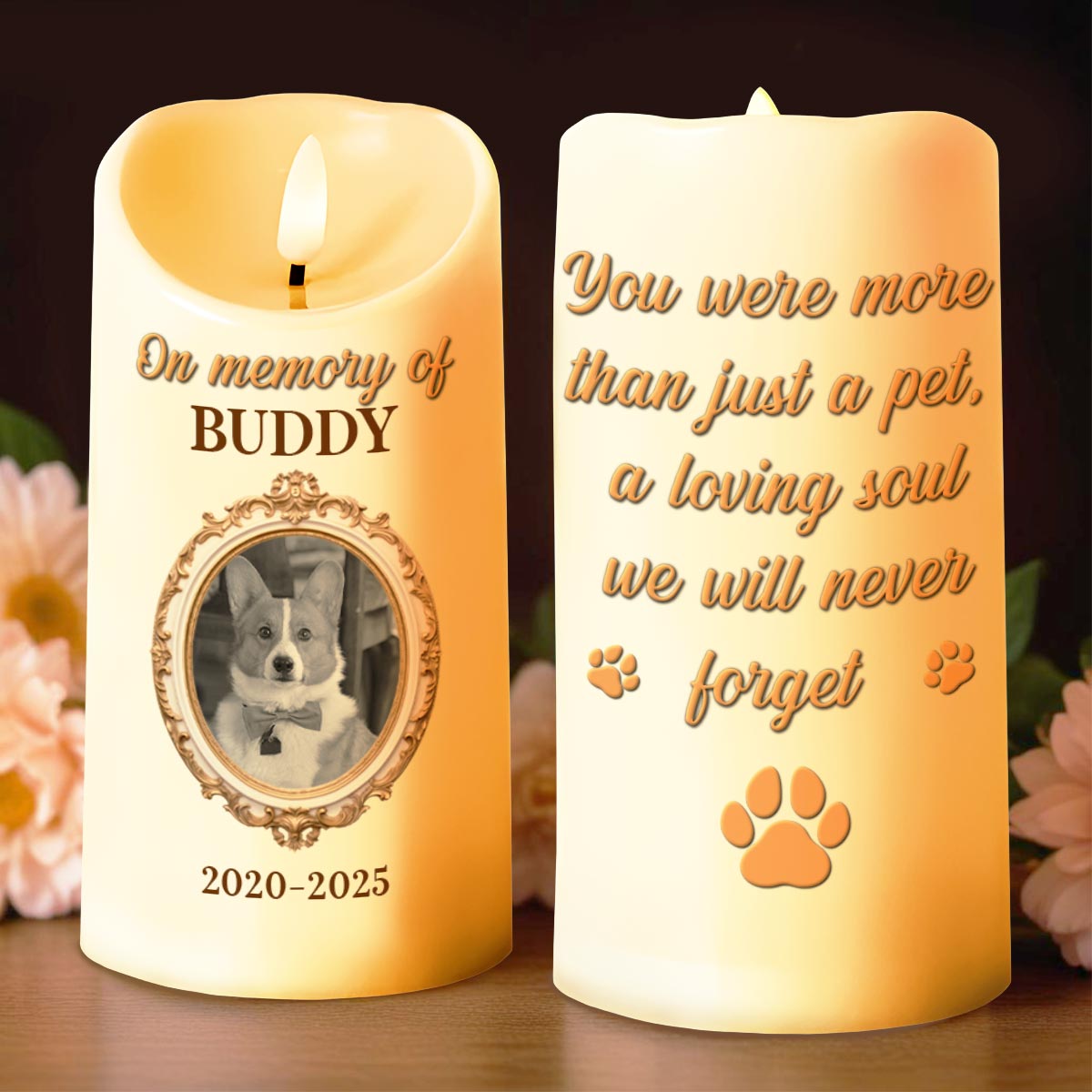 In Memory Of A Beloved Pet With Paw Prints And Photo - Personalized Custom LED Candle - PME079_LECA