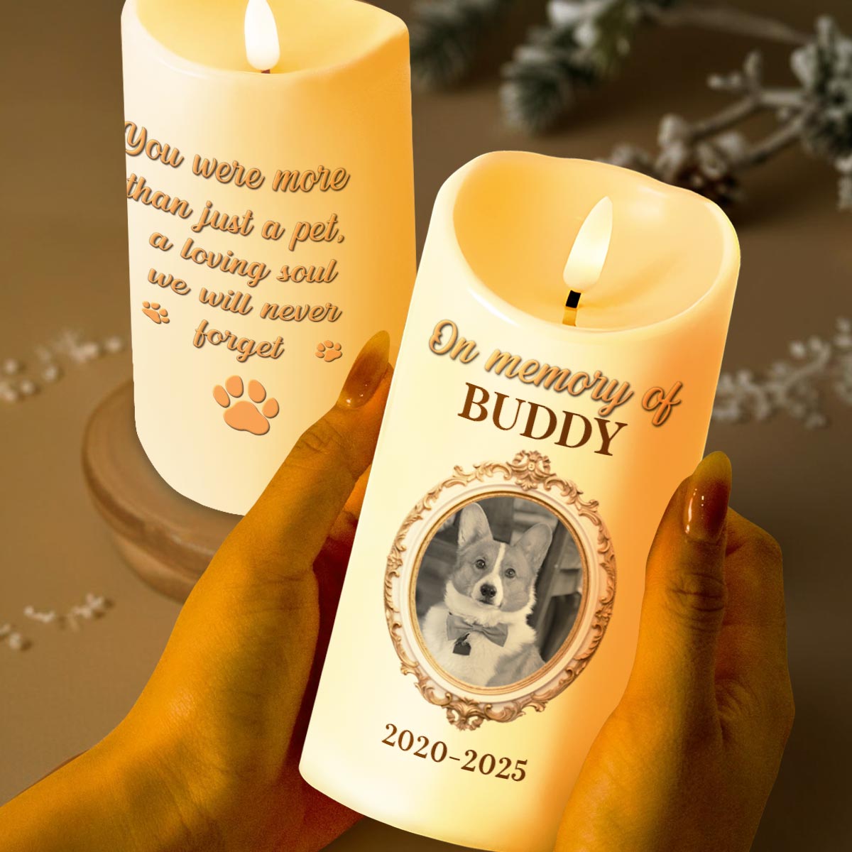 In Memory Of A Beloved Pet With Paw Prints And Photo - Personalized Custom LED Candle - PME079_LECA
