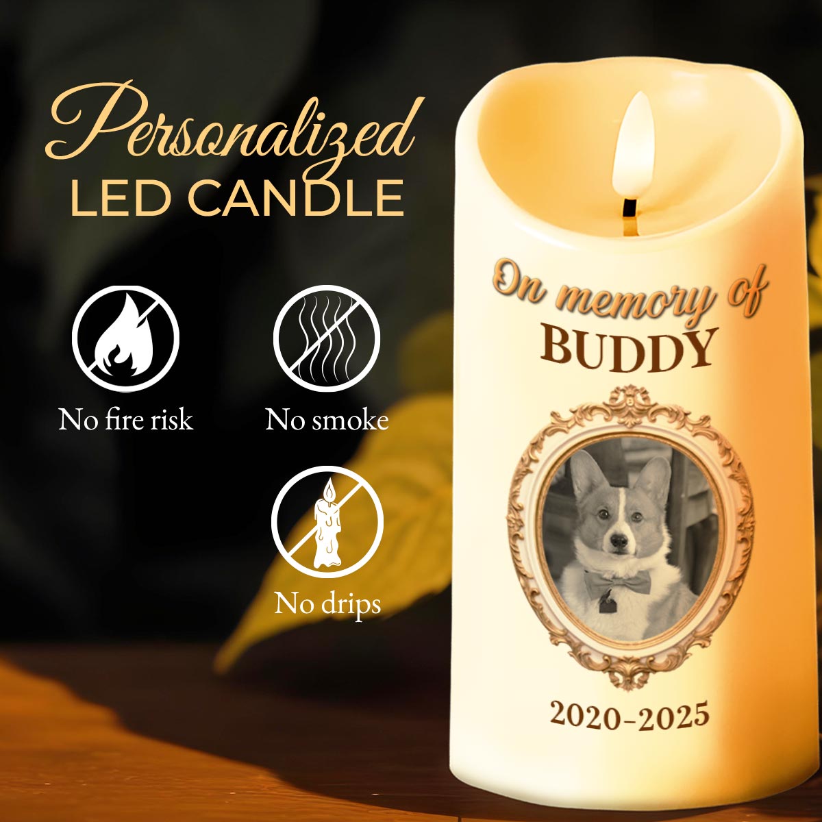 In Memory Of A Beloved Pet With Paw Prints And Photo - Personalized Custom LED Candle - PME079_LECA