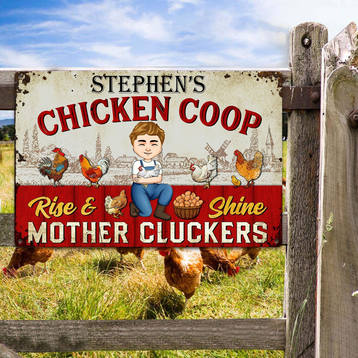 Chicken coop metal sign with a man farmer on a fence