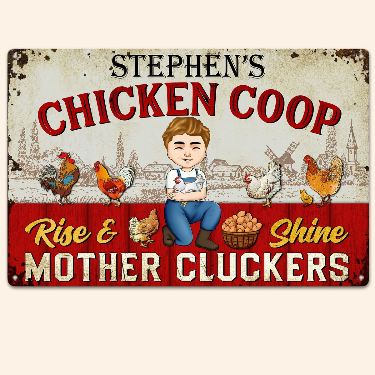Chicken coop metal sign with a man farmer character