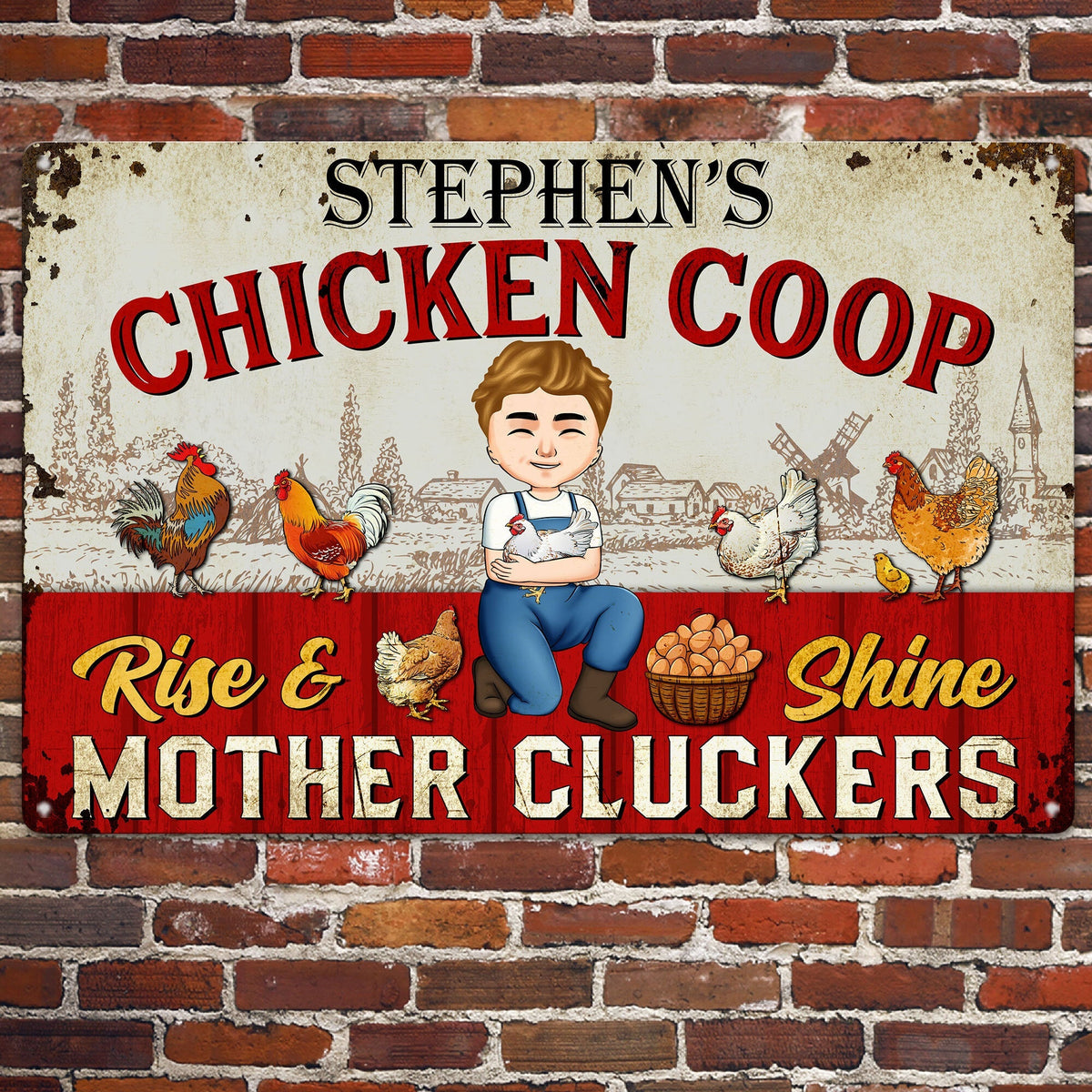 Chicken coop metal sign with a man farmer on a brick wall
