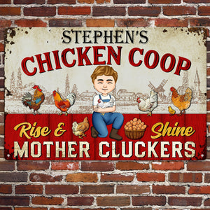 Chicken coop metal sign with a man farmer on a brick wall