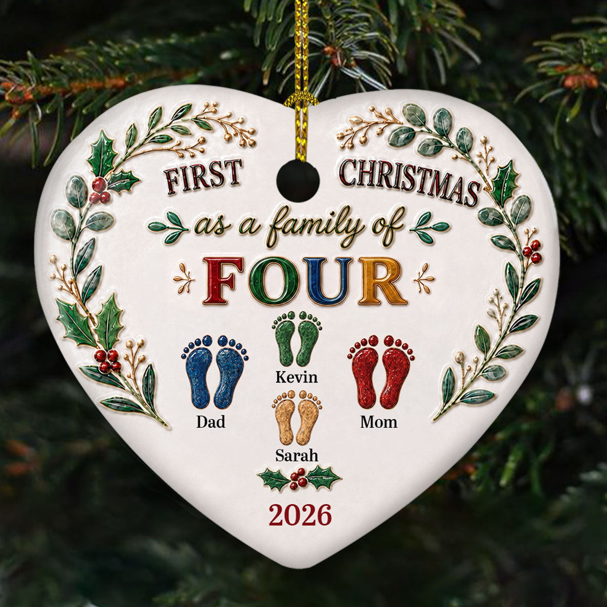 Our First Christmas 2026 personalized heart ceramic ornament