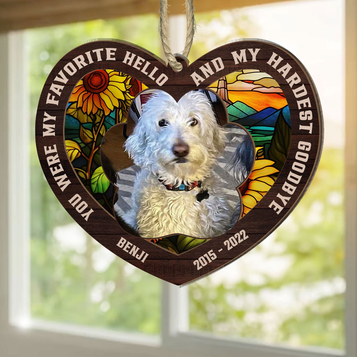 My Favorite Hello and Hardest Goodbye photo suncatcher ornament
