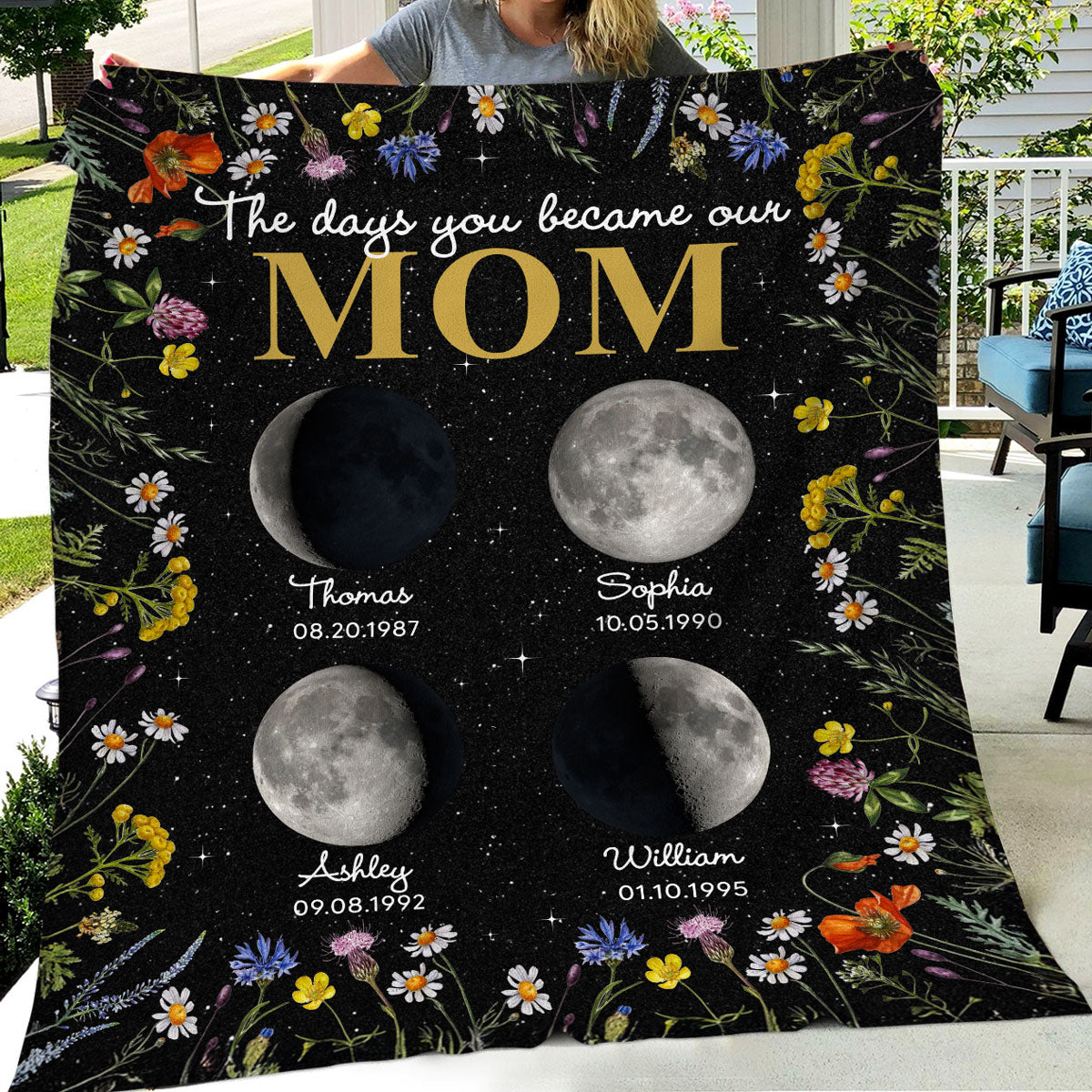 The Day You Became Mom Grandma Custom Birth Moon Phase Floral - Personalized Fleece Blanket