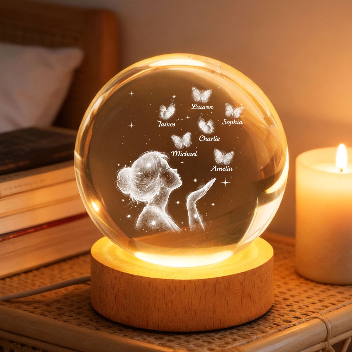 Grandma Mom Butterflies Kiss - Personalized Crystal Ball LED Night Light