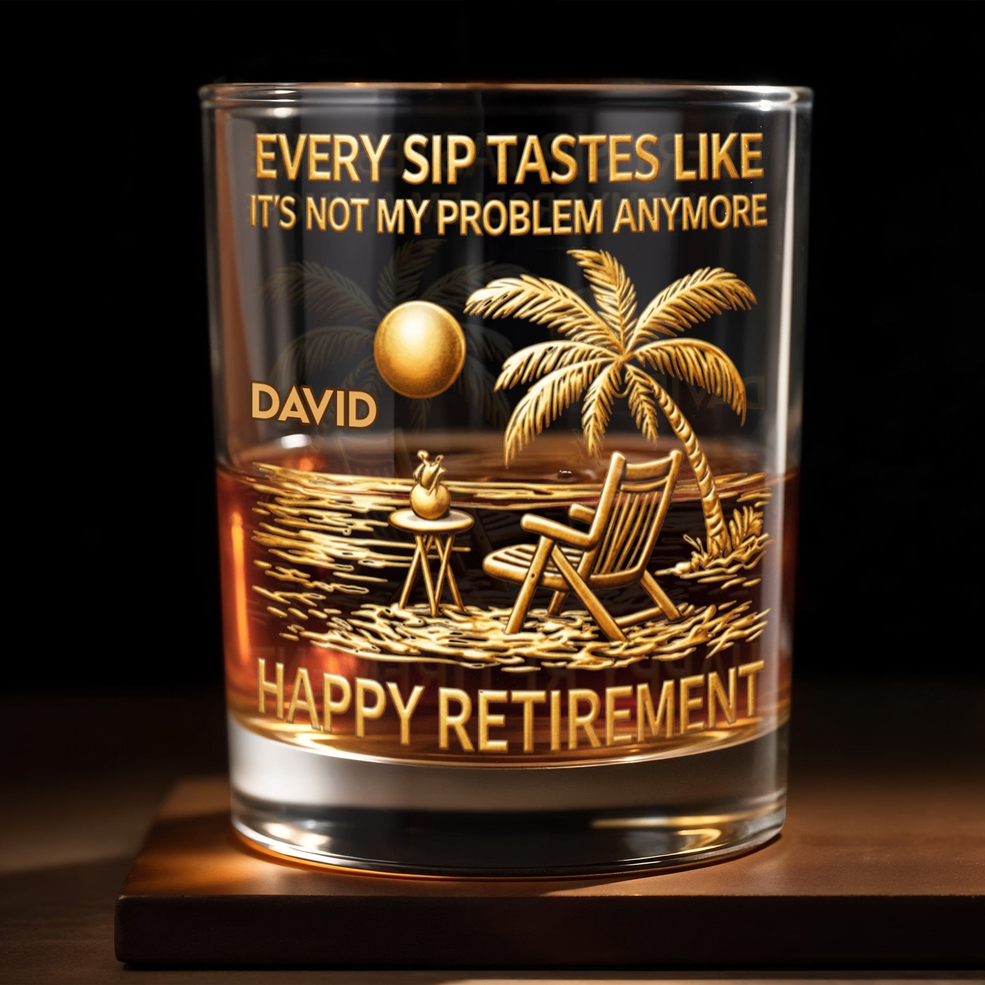 Every Sip Tastes Like Happy Retirement, Palm Trees Beach Chair Sun - Personalized Custom Whiskey Glass - RETIRE014_RWG