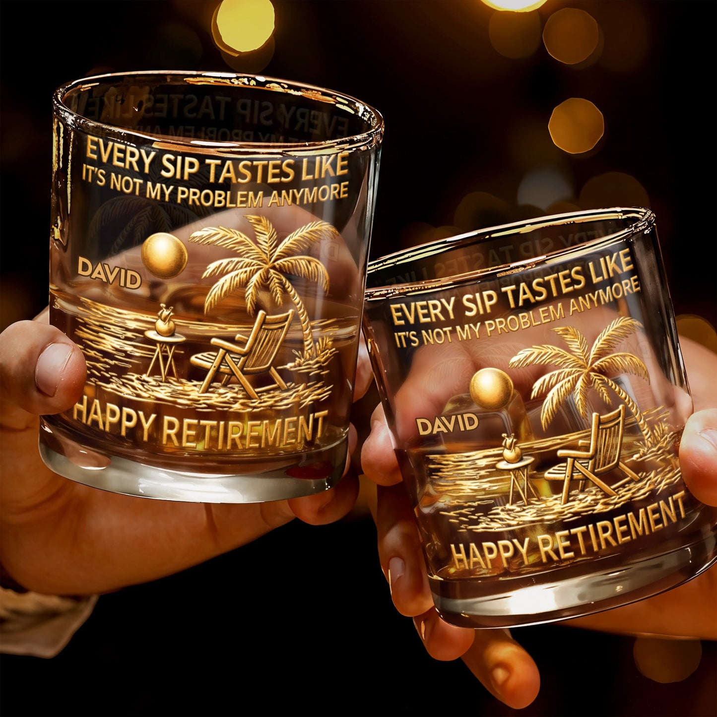 Every Sip Tastes Like Happy Retirement, Palm Trees Beach Chair Sun - Personalized Custom Whiskey Glass - RETIRE014_RWG