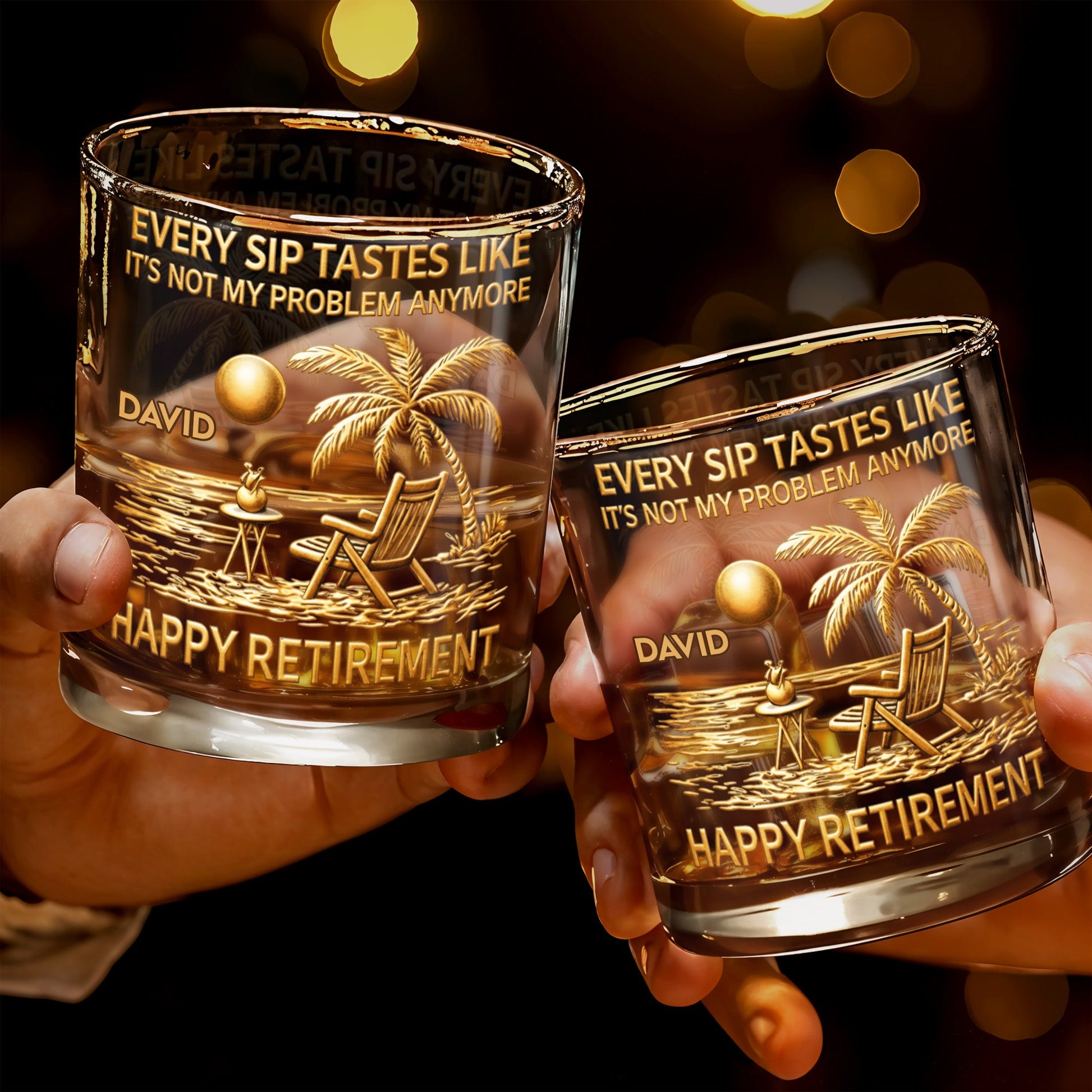 Every Sip Tastes Like Happy Retirement, Palm Trees Beach Chair Sun - Personalized Custom Whiskey Glass - RETIRE014_RWG