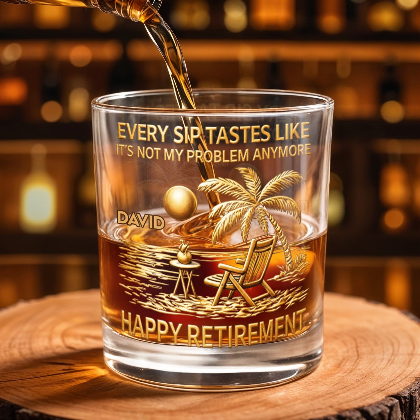 Every Sip Tastes Like Happy Retirement, Palm Trees Beach Chair Sun - Personalized Custom Whiskey Glass - RETIRE014_RWG