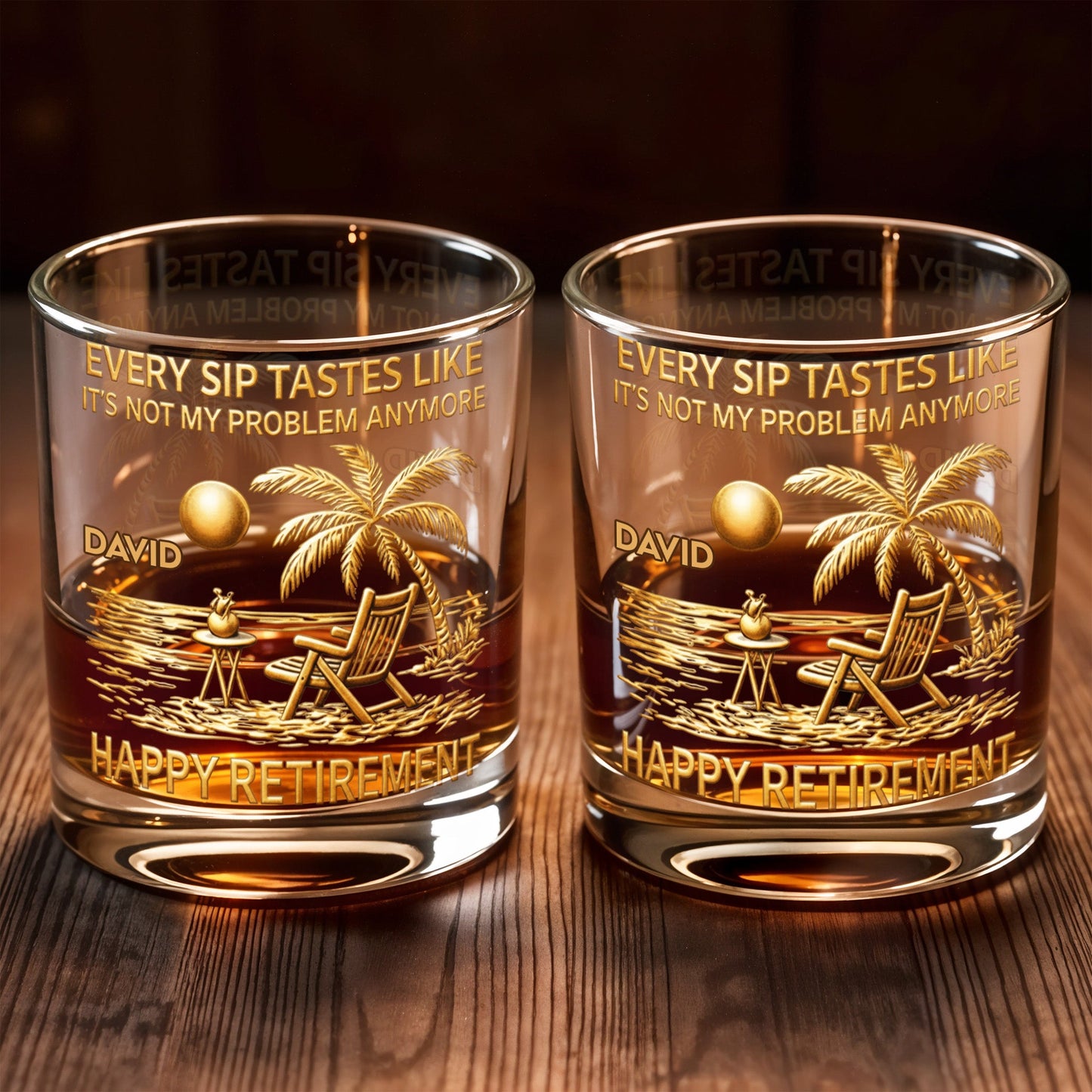 Every Sip Tastes Like Happy Retirement, Palm Trees Beach Chair Sun - Personalized Custom Whiskey Glass - RETIRE014_RWG