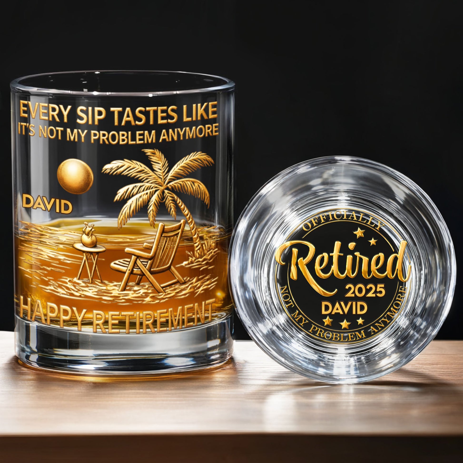 Every Sip Tastes Like It's Not My Problem Anymore Palm Tree Beach - Personalized Whiskey Glass - RETIRE015_PRIWI