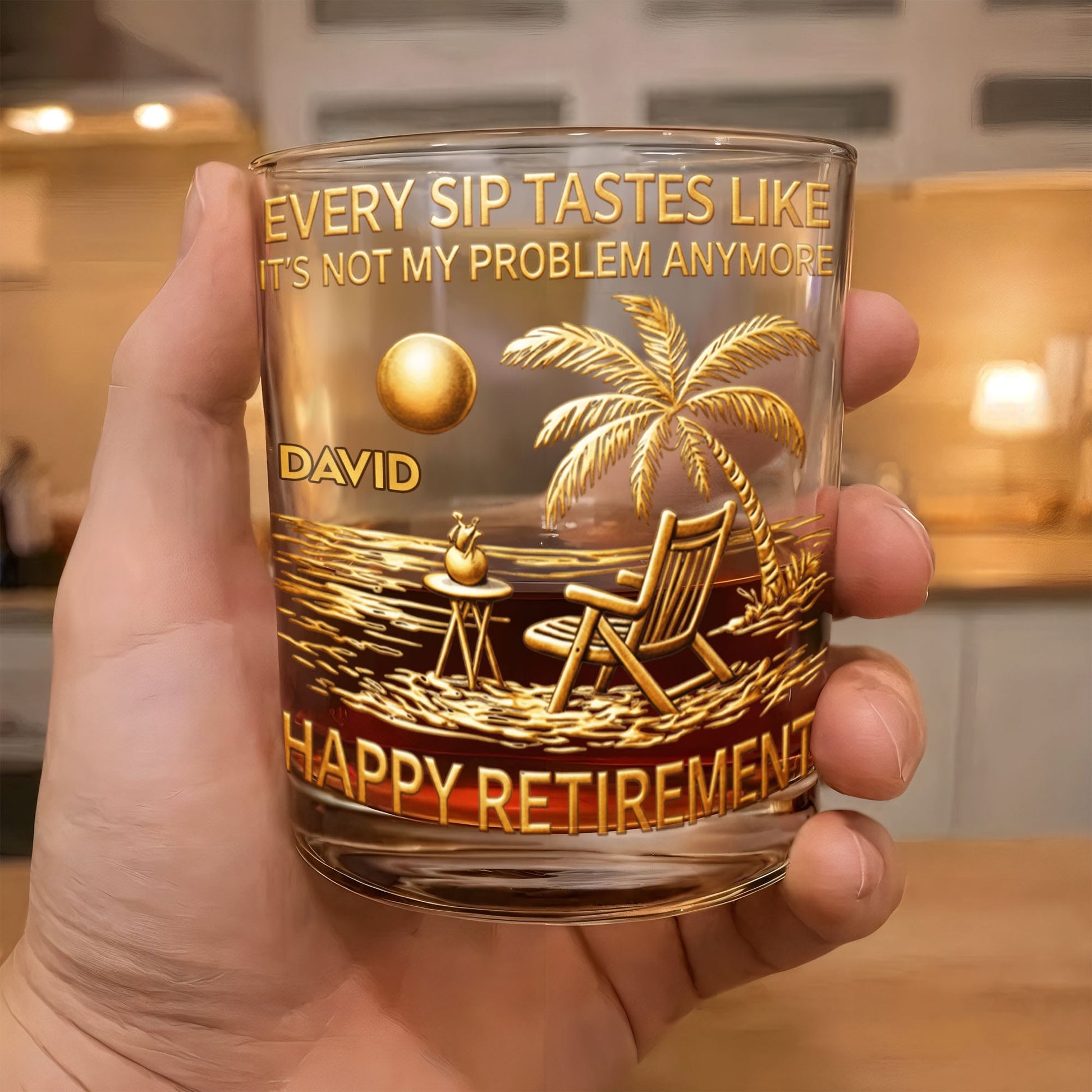 Every Sip Tastes Like It's Not My Problem Anymore Palm Tree Beach - Personalized Whiskey Glass - RETIRE015_PRIWI
