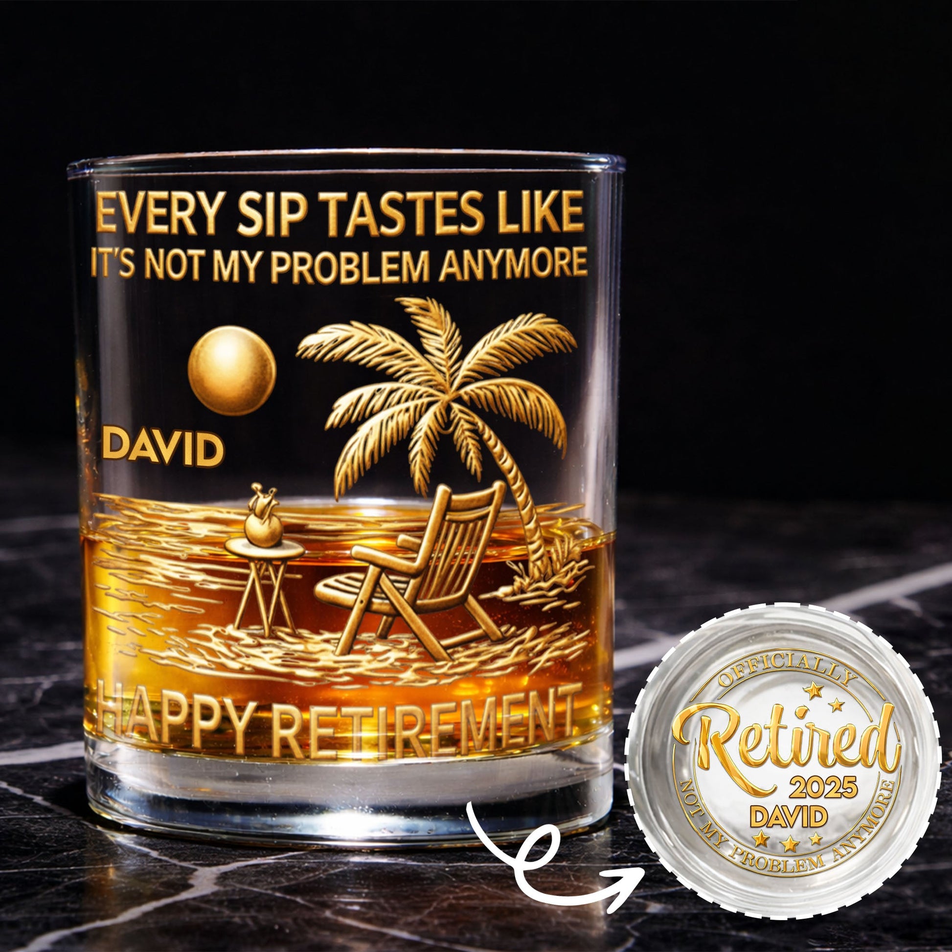 Every Sip Tastes Like It's Not My Problem Anymore Palm Tree Beach - Personalized Whiskey Glass - RETIRE015_PRIWI