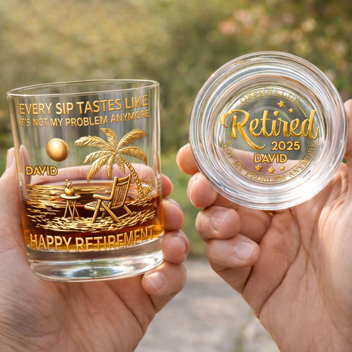 Every Sip Tastes Like It's Not My Problem Anymore Palm Tree Beach - Personalized Whiskey Glass - RETIRE015_PRIWI