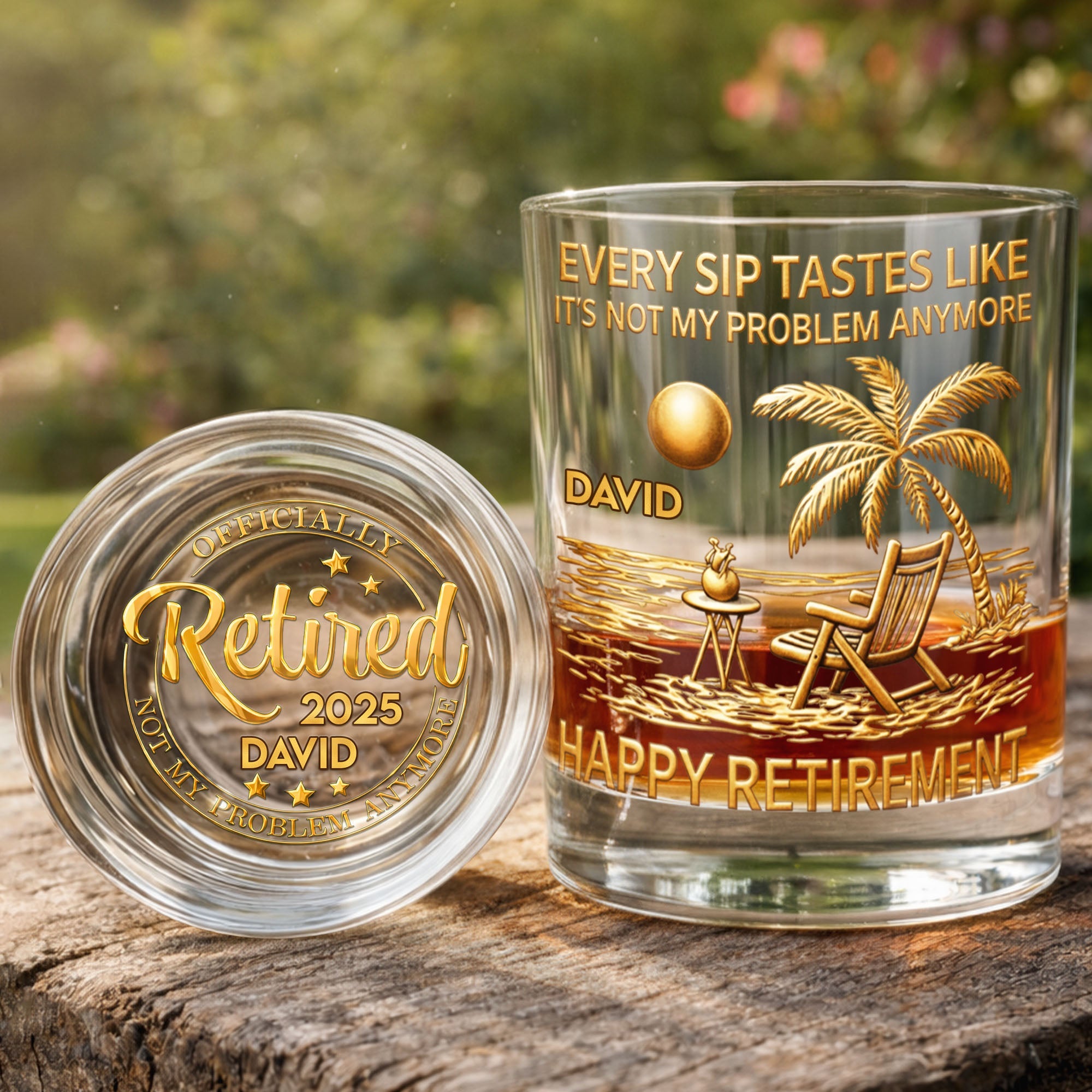 Every Sip Tastes Like It's Not My Problem Anymore Palm Tree Beach - Personalized Whiskey Glass - RETIRE015_PRIWI