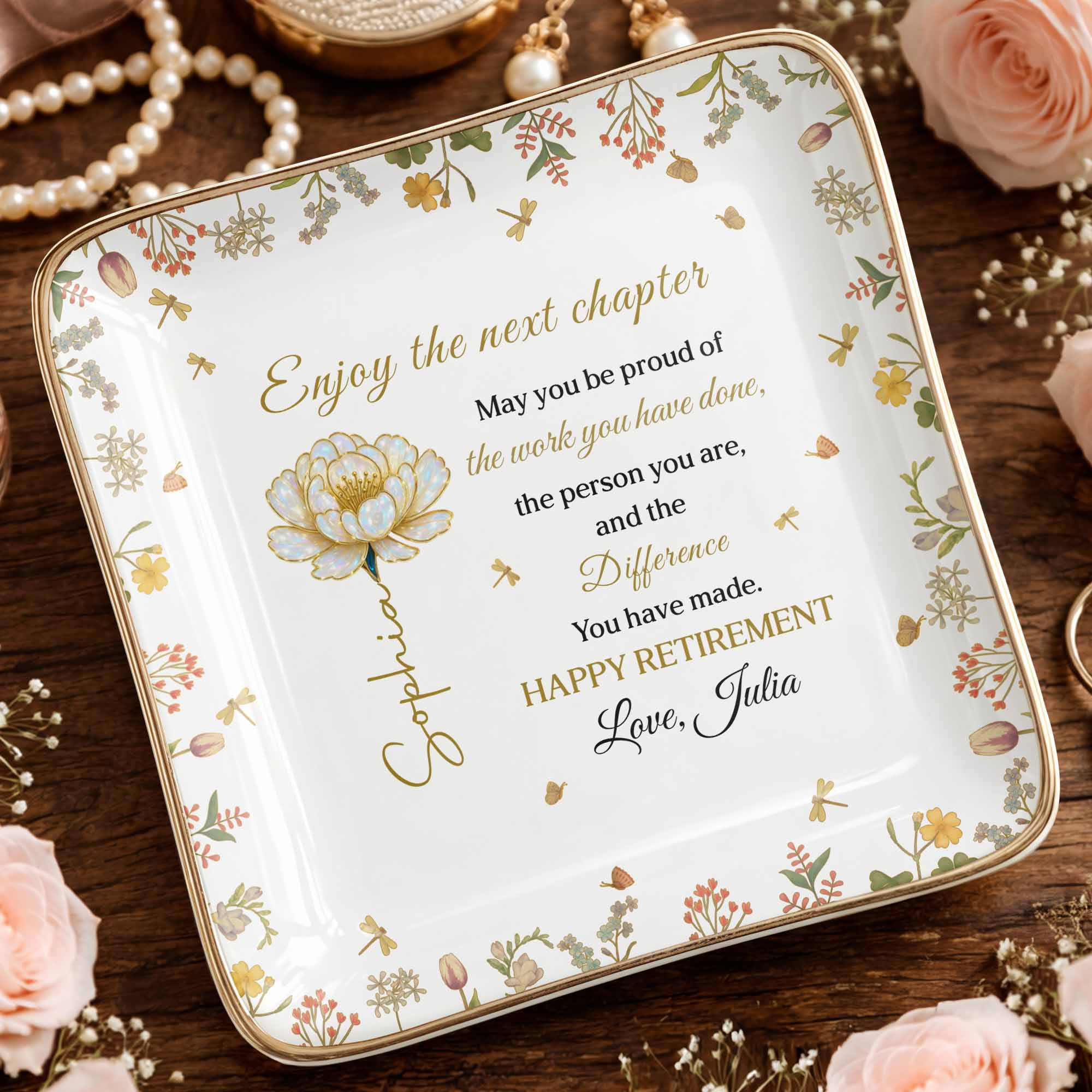 Enjoy The Next Chapter Happy Retirement Floral Jewelry Dish - Personalized Custom Jewelry Dish, Ceramic Dish, Square Shape - RETIRE015_SCRF