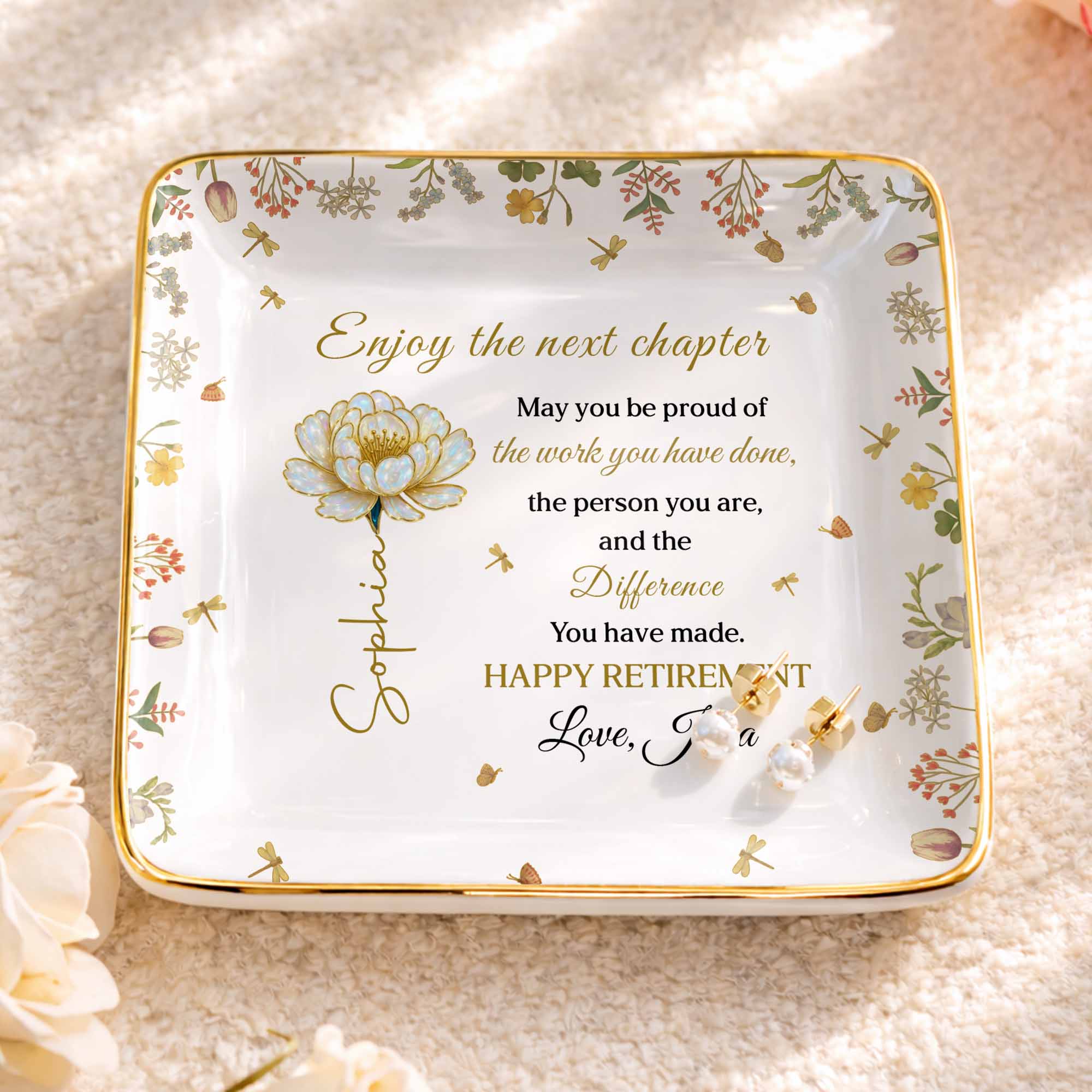Enjoy The Next Chapter Happy Retirement Floral Jewelry Dish - Personalized Custom Jewelry Dish, Ceramic Dish, Square Shape - RETIRE015_SCRF