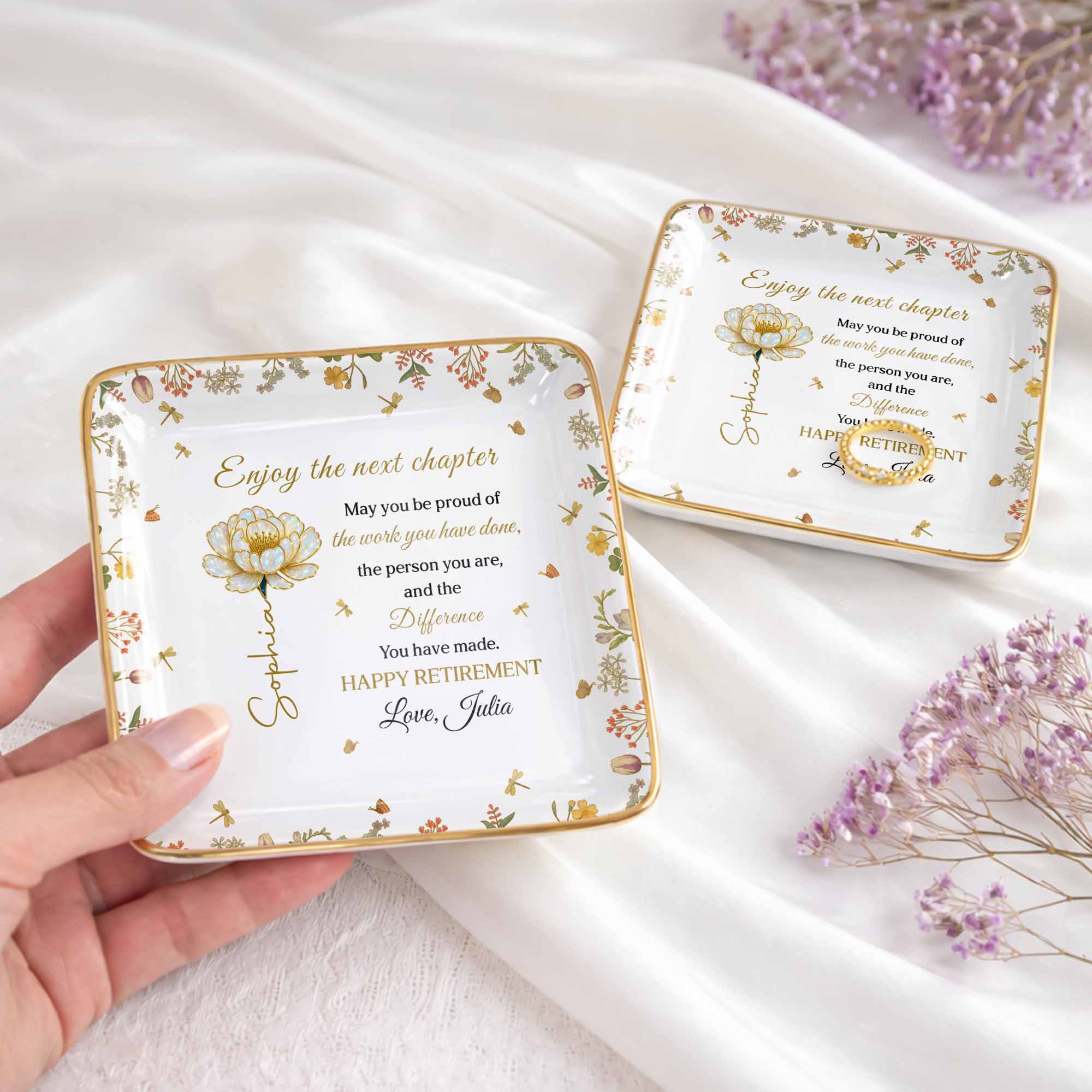 Enjoy The Next Chapter Happy Retirement Floral Jewelry Dish - Personalized Custom Jewelry Dish, Ceramic Dish, Square Shape - RETIRE015_SCRF
