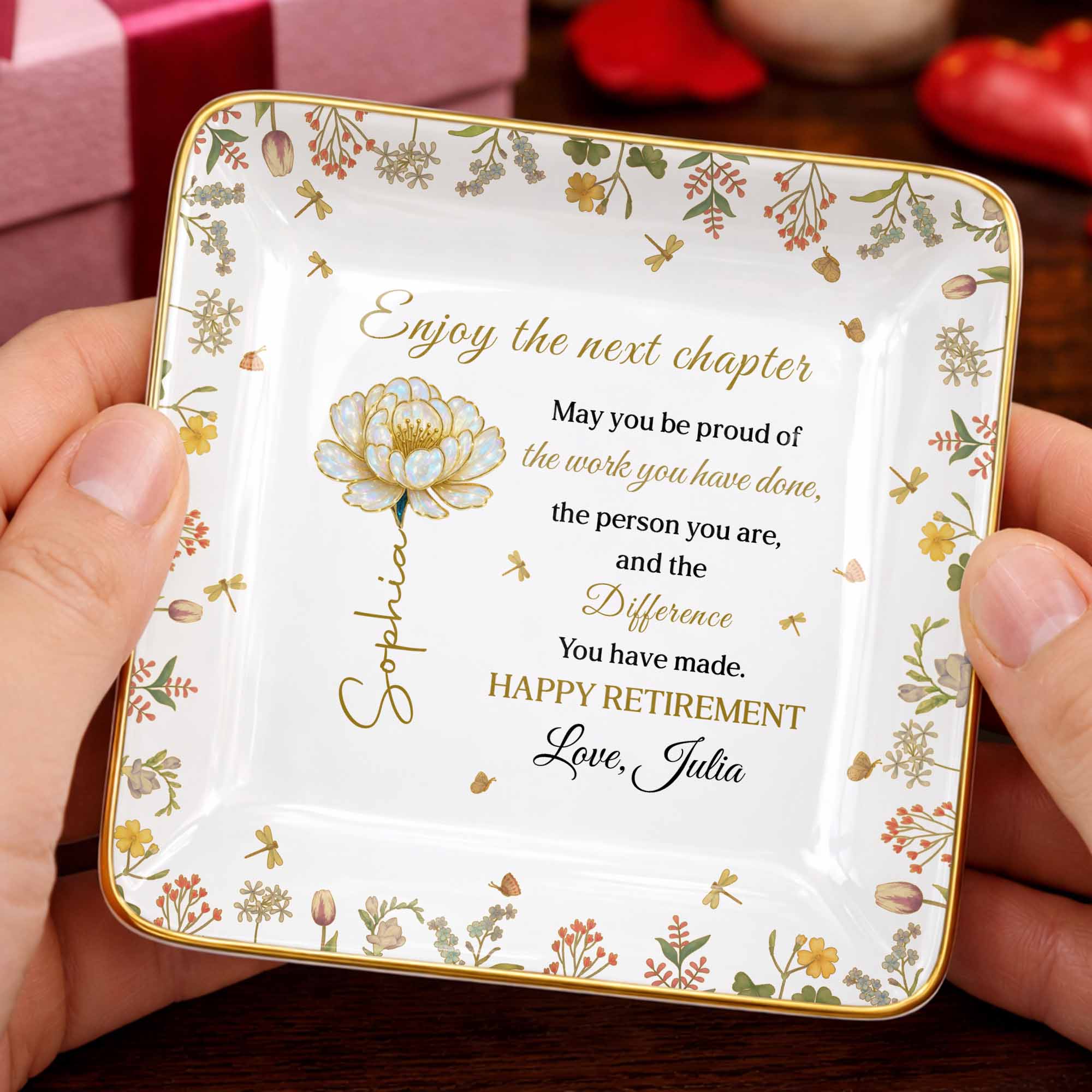 Enjoy The Next Chapter Happy Retirement Floral Jewelry Dish - Personalized Custom Jewelry Dish, Ceramic Dish, Square Shape - RETIRE015_SCRF