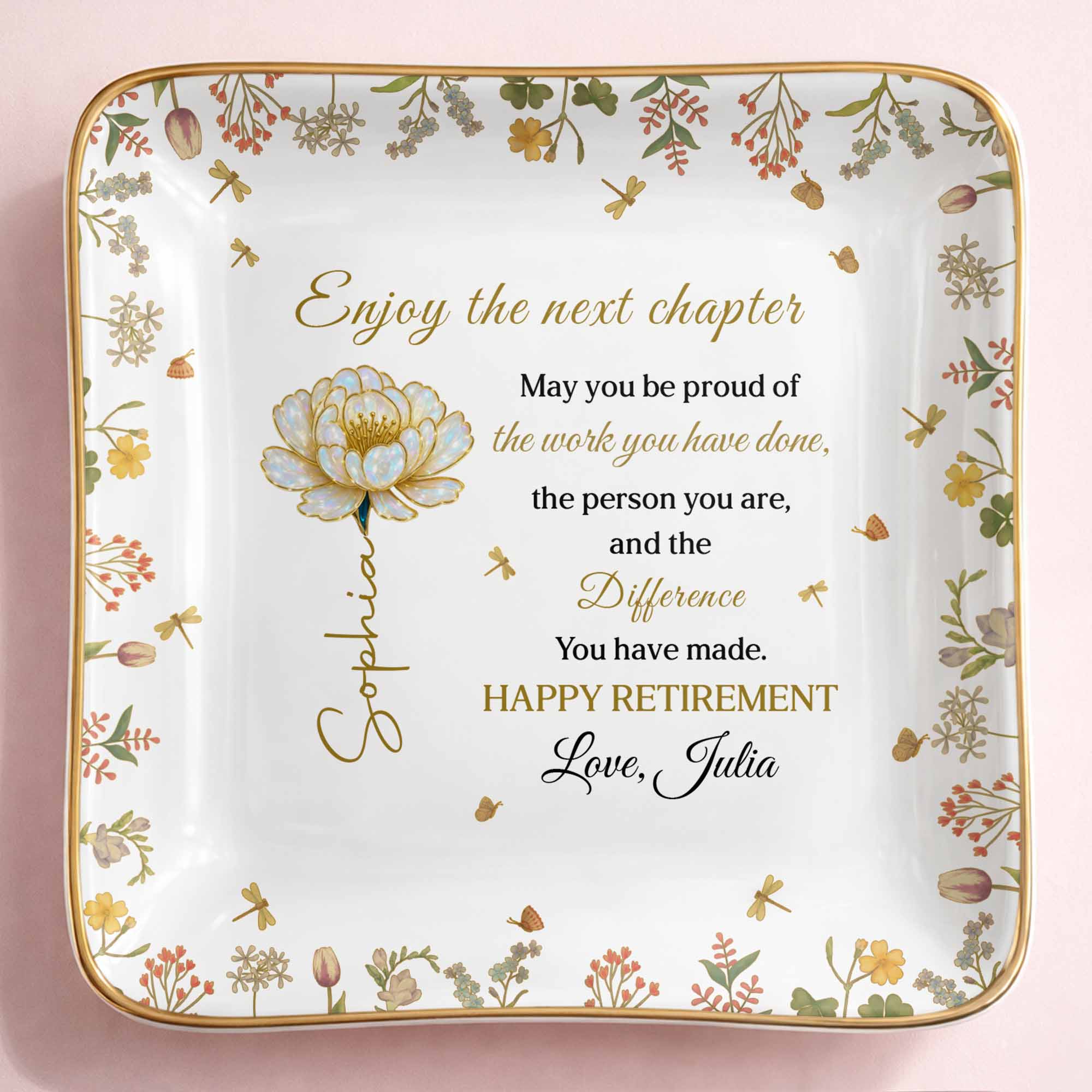 Enjoy The Next Chapter Happy Retirement Floral Jewelry Dish - Personalized Custom Jewelry Dish, Ceramic Dish, Square Shape - RETIRE015_SCRF