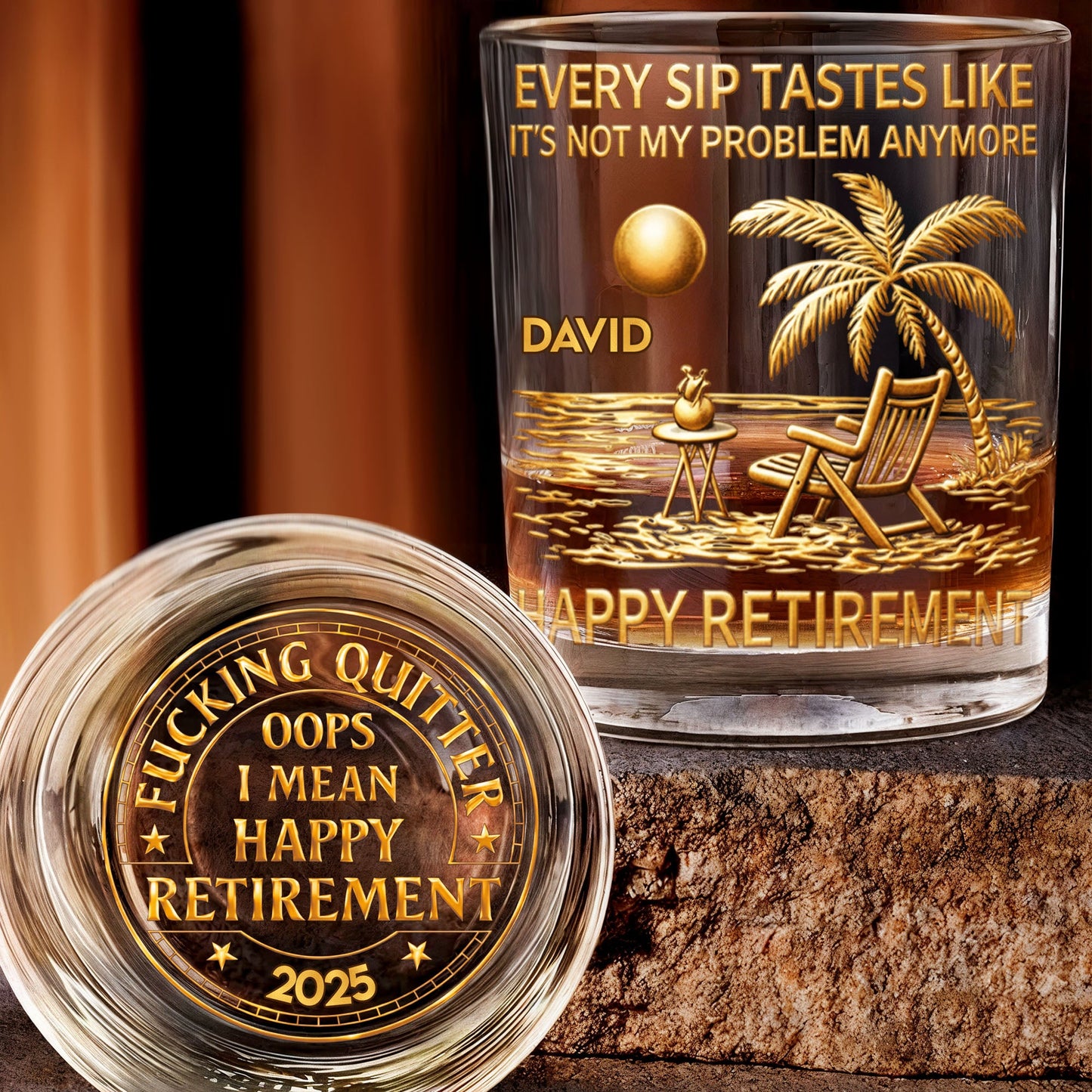 Every Sip Tastes Like It's Not My Problem Anymore Palm Tree Beach Retirement - Personalized Whiskey Glass - RETIRE016_PRIWI