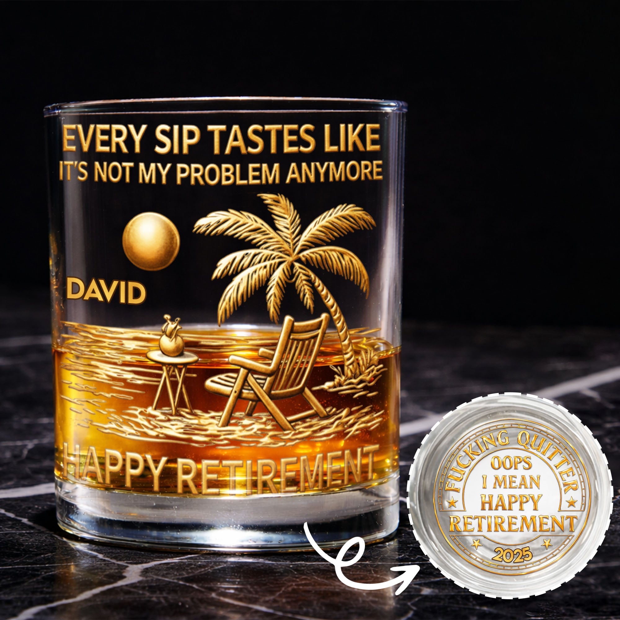 Every Sip Tastes Like It's Not My Problem Anymore Palm Tree Beach Retirement - Personalized Whiskey Glass - RETIRE016_PRIWI