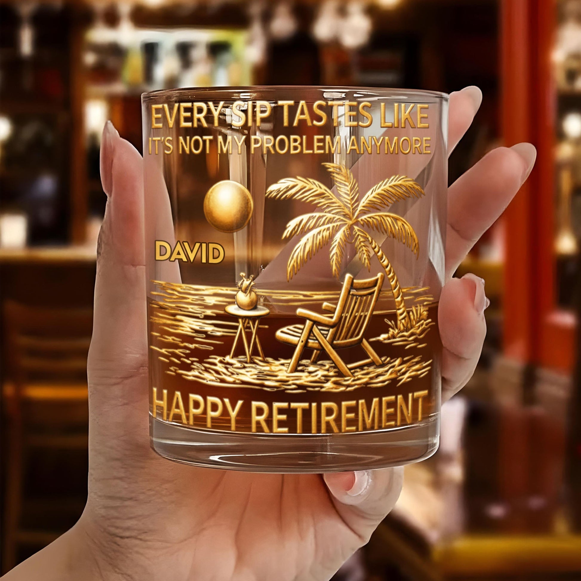 Every Sip Tastes Like It's Not My Problem Anymore Palm Tree Beach Retirement - Personalized Whiskey Glass - RETIRE016_PRIWI